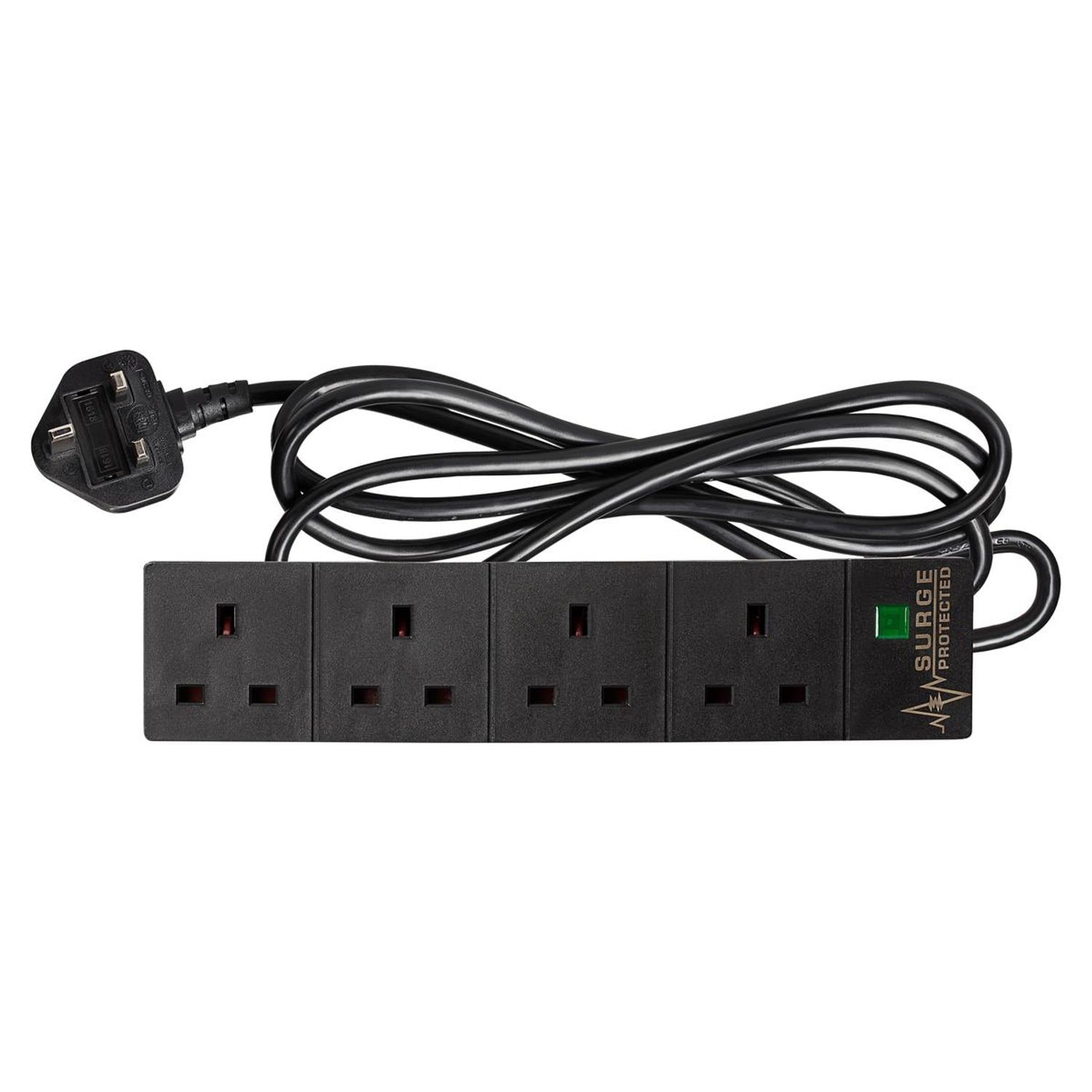 Maplin 4 Socket Extension Lead with Surge Protection 13A Neon Indicator 2m - Bla