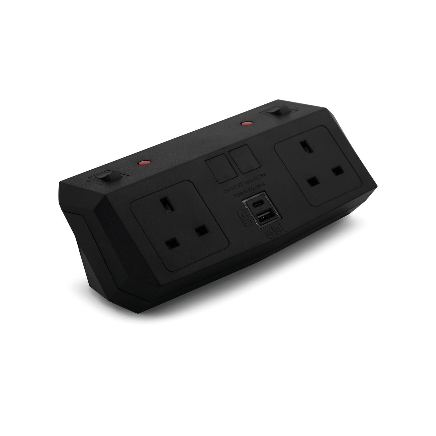 On Desk Power Module 2xUK Socket Dual USB Port Type A+C PD/QC Charger Black - 20