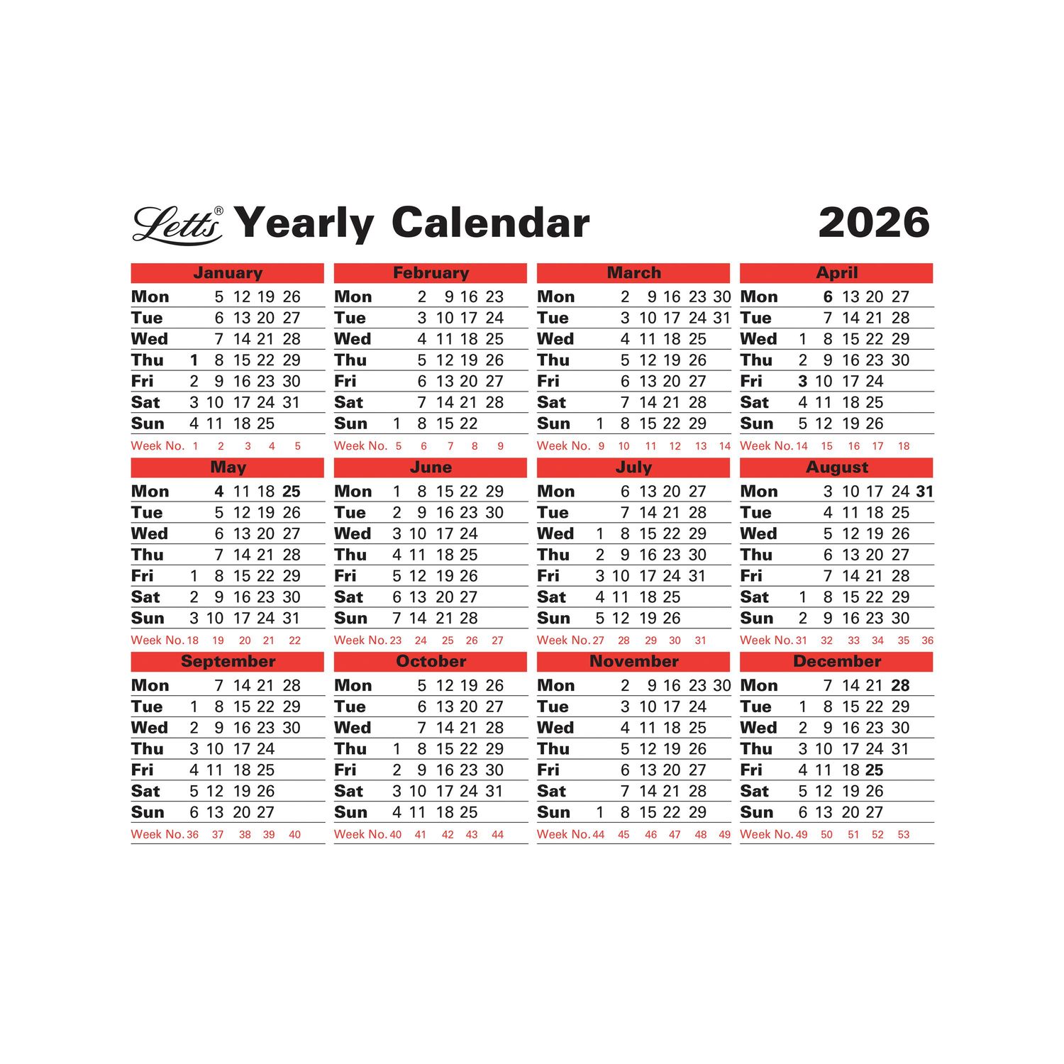 Letts Yearly Calendar 2026 - 26-TYC