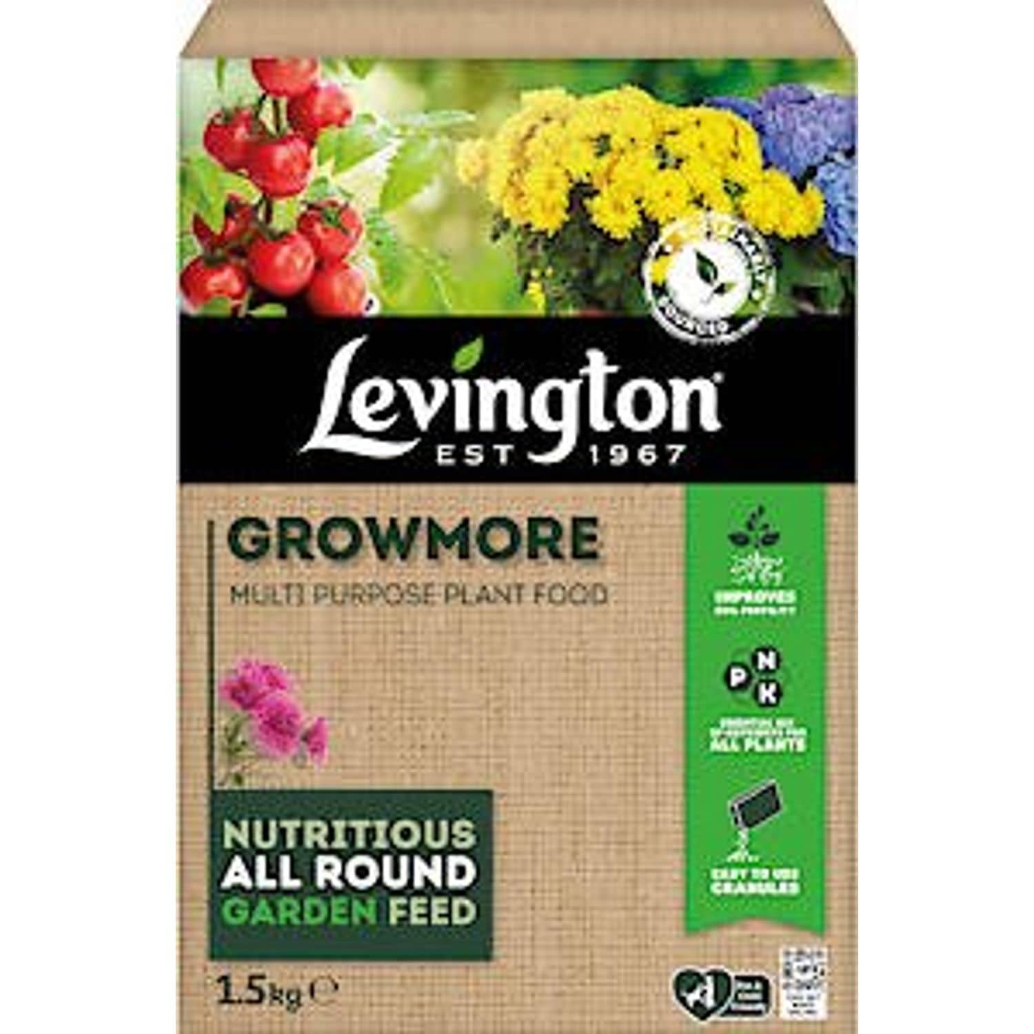 Levington Growmore All Purpose Plant Food Granules for Fruit Veg & Flowers 1.5kg