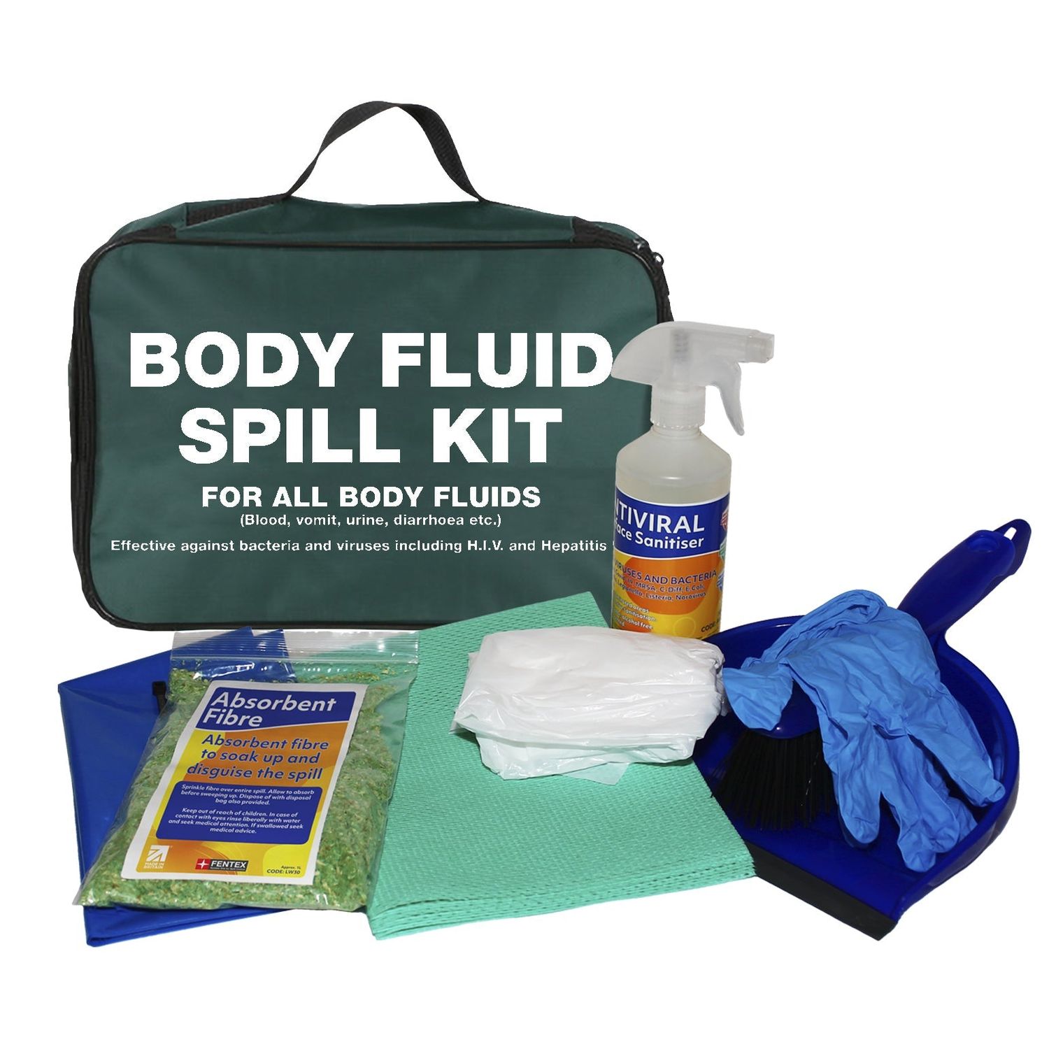 Fentex Bodily Fluid Spill Kit In Green Zip Bag Rapid Clean Up and Disposal Treat