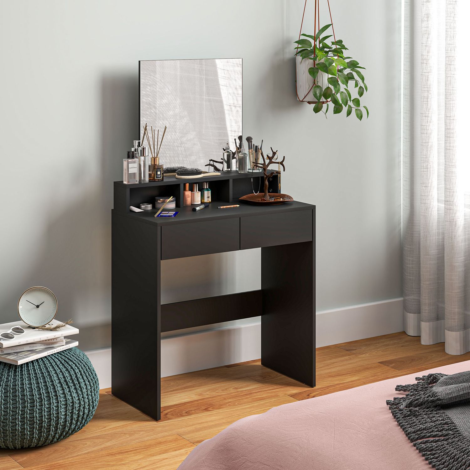 HOMCOM Dressing Table with Mirror, Drawers, for Bedroom - Black