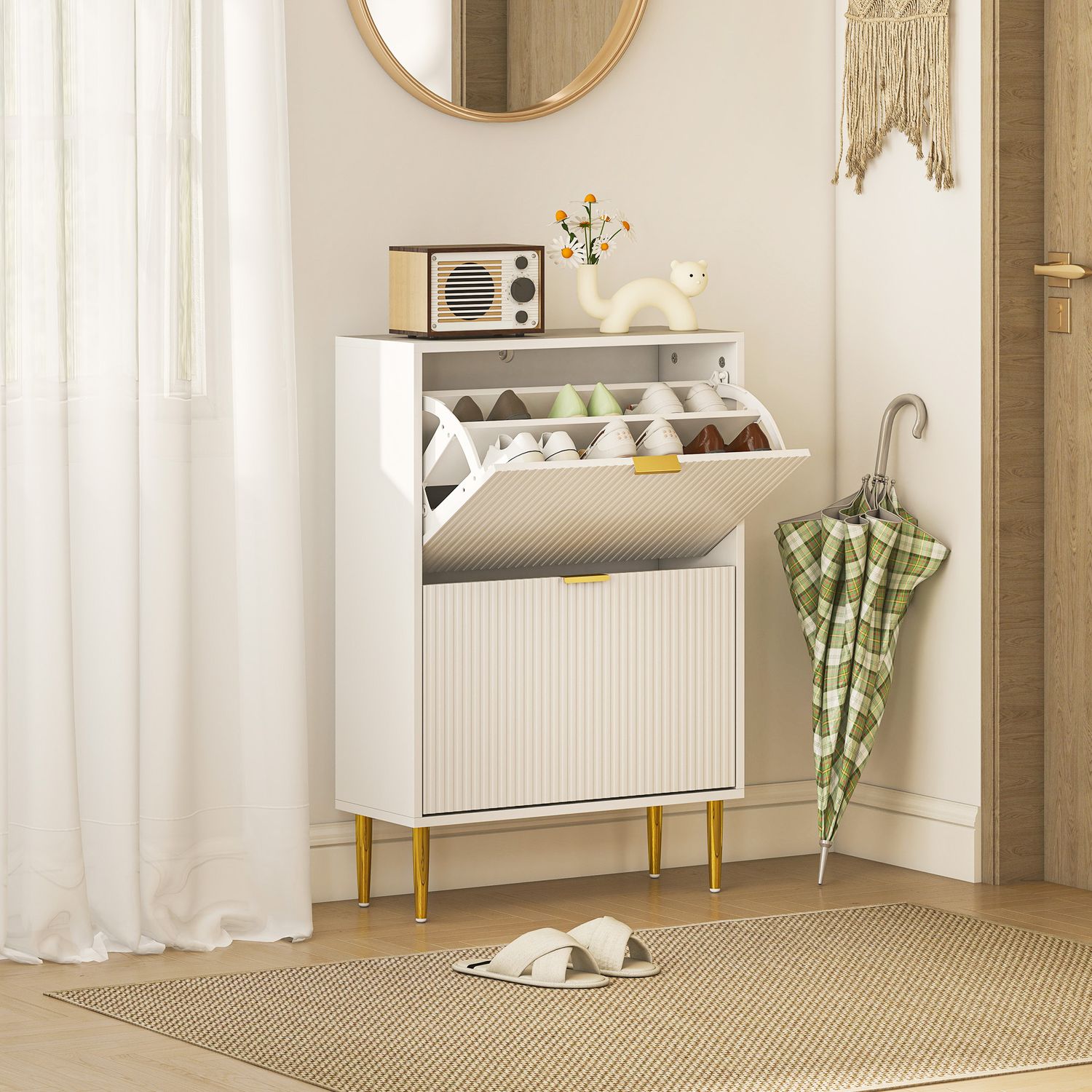 HOMCOM Slim Shoe Storage Cabinet with 2 Flip Drawers for Hallway - White