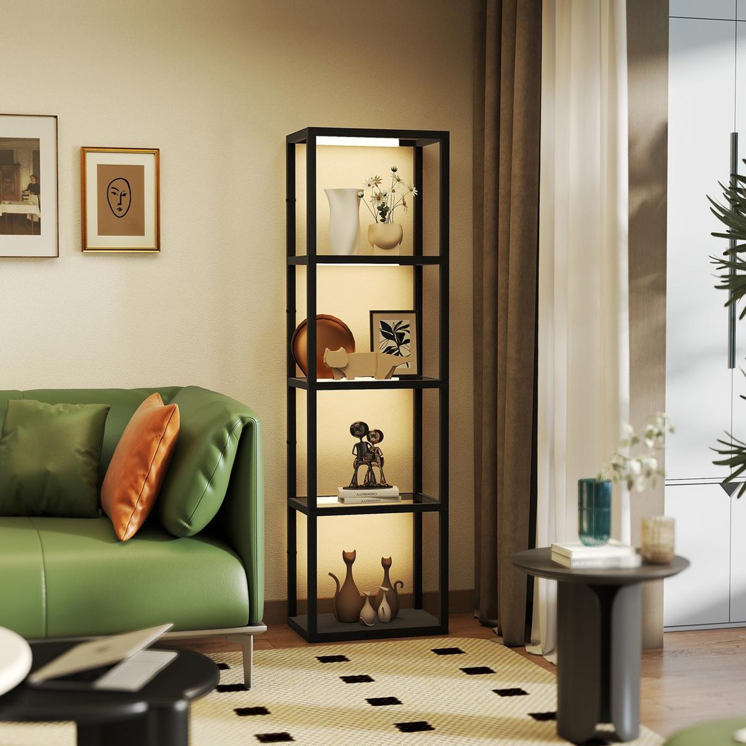 HOMCOM LED Floor Lamp with Glass Shelves, Dimmable Room Lamp - Black
