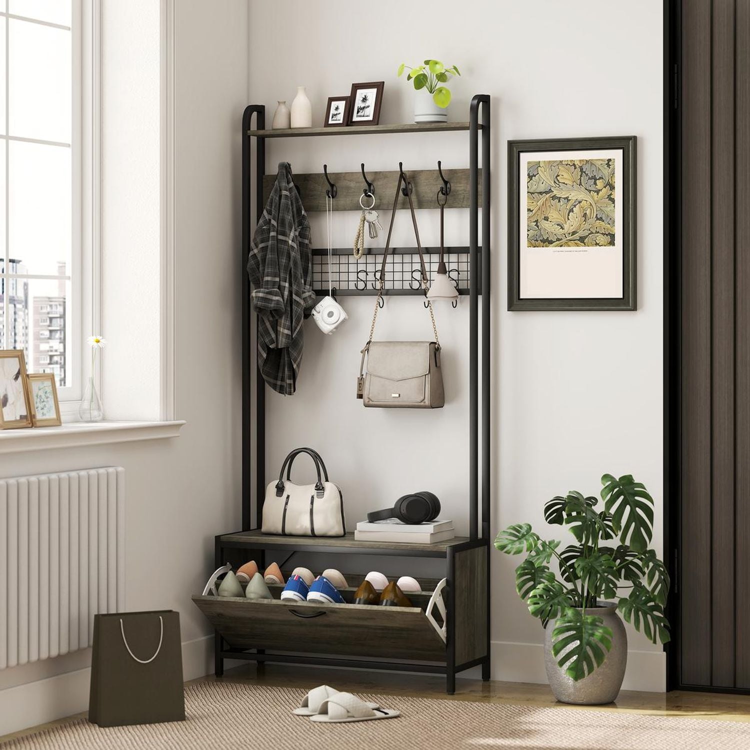HOMCOM Industrial Hall Tree Coat Rack Stand with Shoe Cabinet Grey