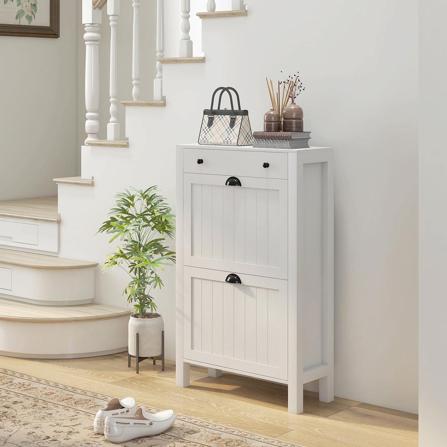 HOMCOM Narrow Shoe Cabinet with 2 Flip Drawers and Top Drawer - White