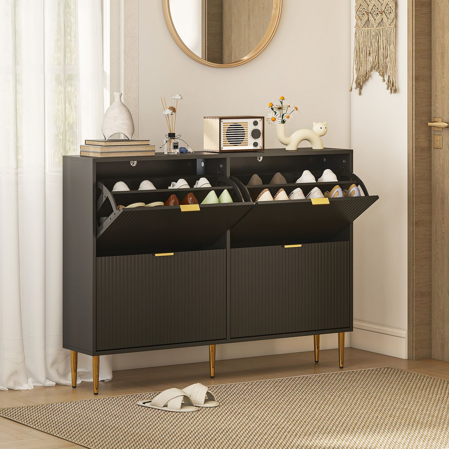 HOMCOM Slim Shoe Storage Cabinet with 4 Flip Drawers for Hallway - Black