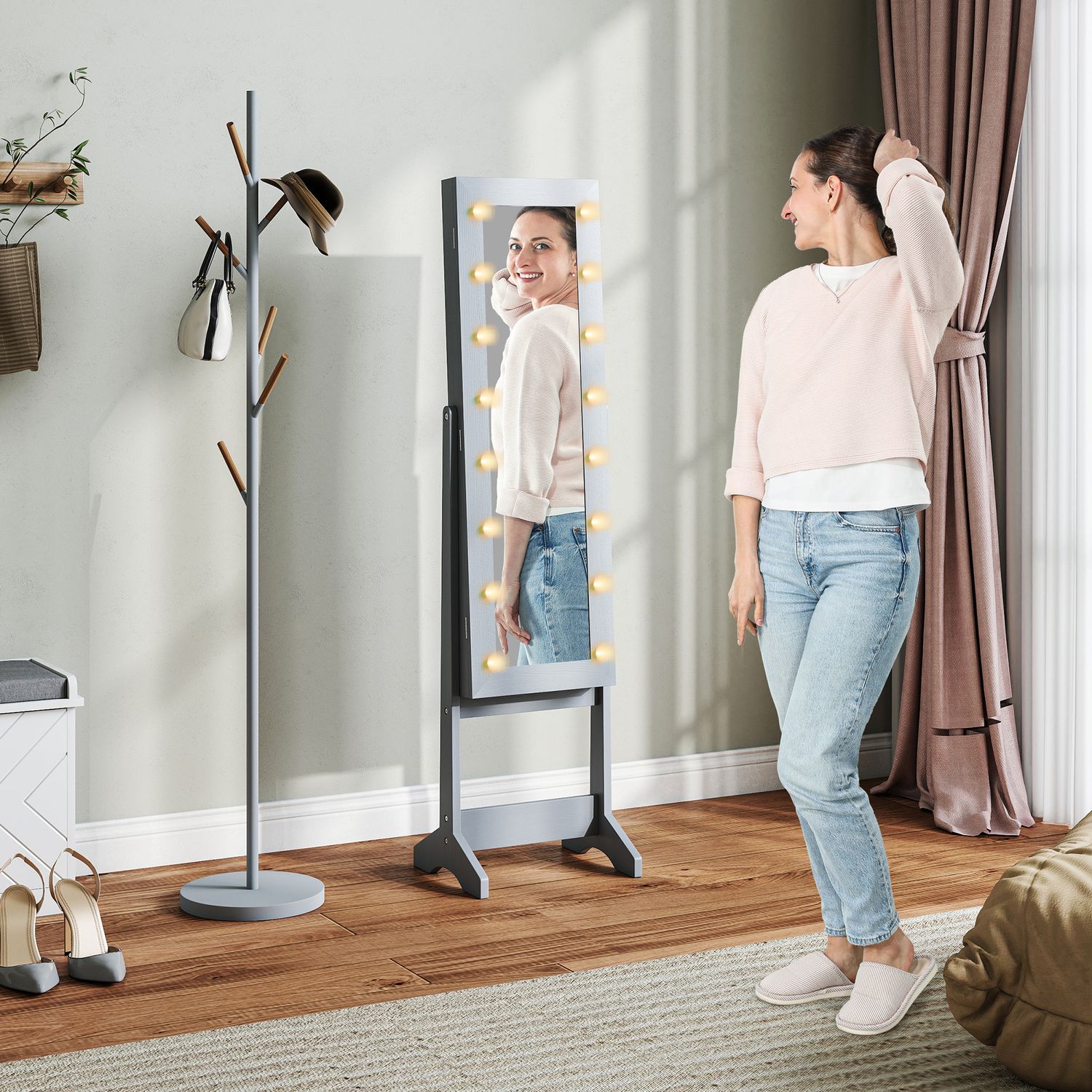 HOMCOM Freestanding LED Mirrored Jewelry Cabinet Grey