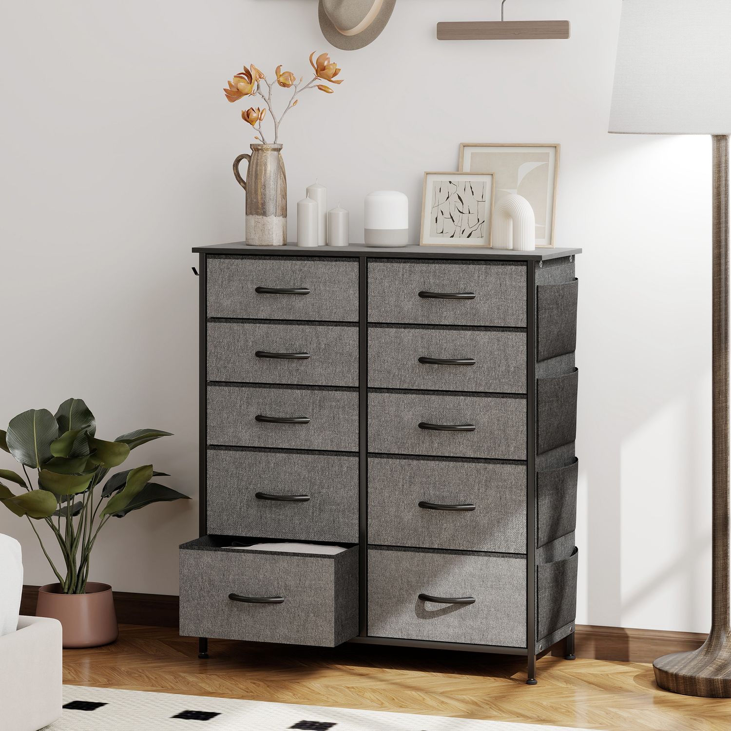 HOMCOM Fabric Chest of Drawers, 10 Drawer Dresser for Bedroom - Charcoal Grey