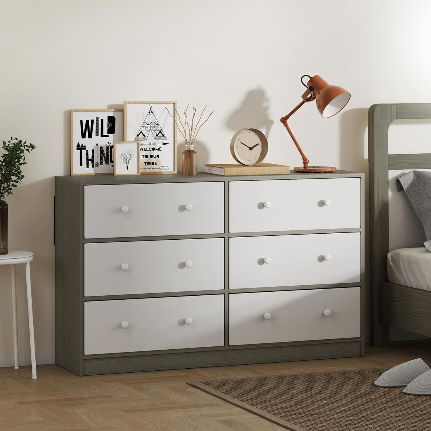 HOMCOM Chest of Drawers, 6 Drawer Dresser for Bedroom - White and Grey
