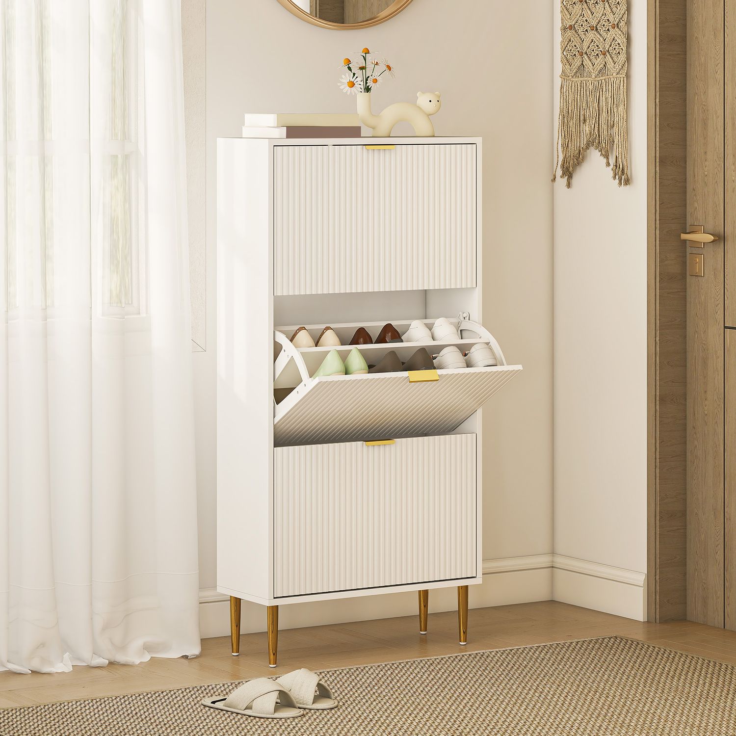 HOMCOM Slim Shoe Storage Cabinet with 3 Flip Drawers for Hallway - White