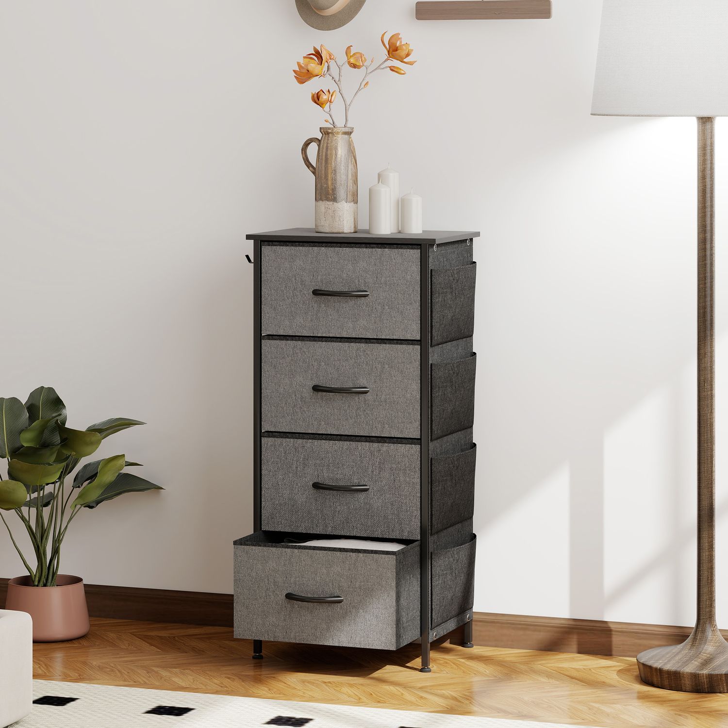 HOMCOM Fabric Chest of Drawers, 4 Drawer Dresser for Bedroom - Charcoal Grey