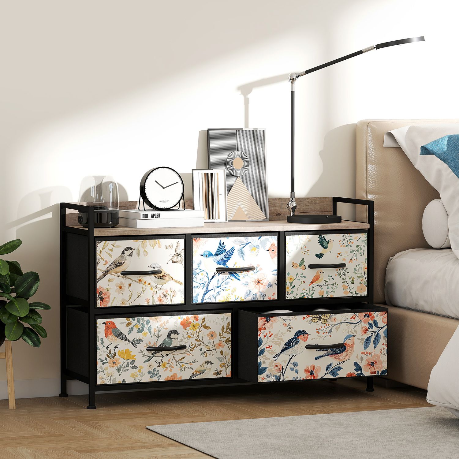HOMCOM 5-Drawer Chest of Drawers, Fabric Dresser - White