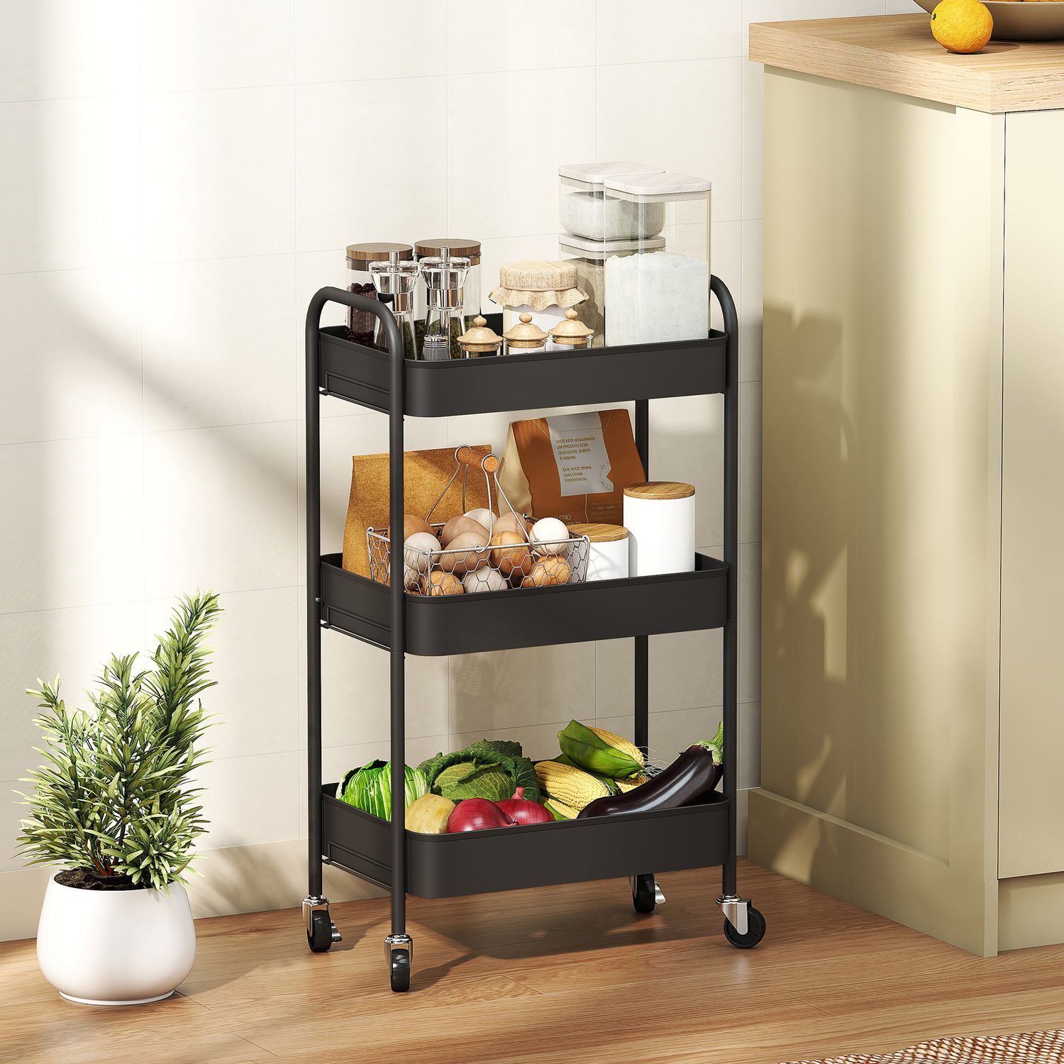 HOMCOM 3 Tier Rolling Utility Cart with 3 Mesh Basket - Black