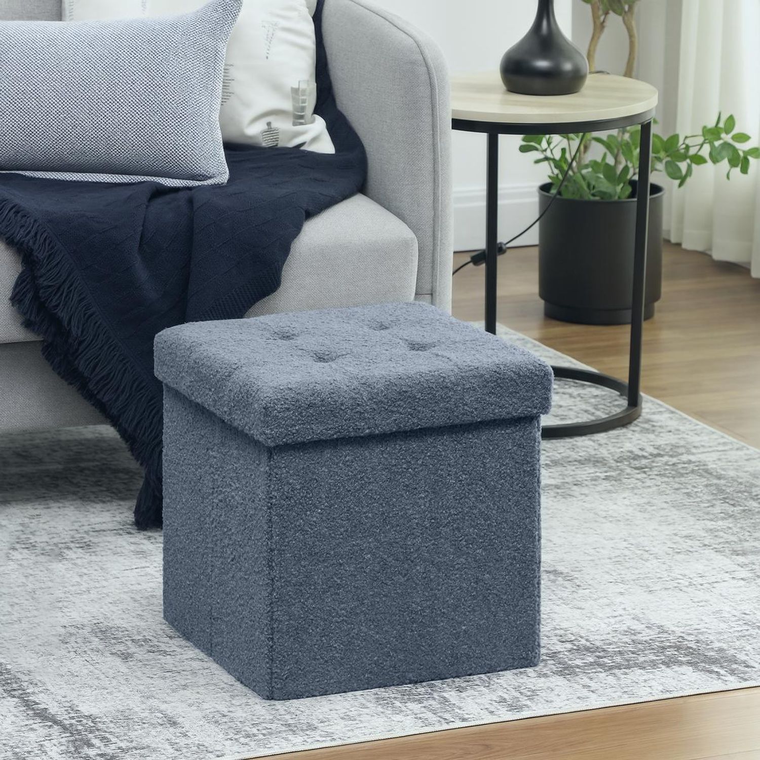 HOMCOM Foldable Sherpa Fleece Storage Ottoman, 38 x 38 x 38 cm - Blue
