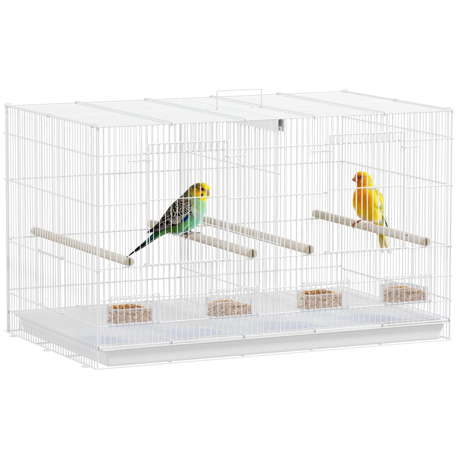 PawHut Bird Cage with Divider, 4 Wooden Perches, Slide Out Tray - White - D10-10