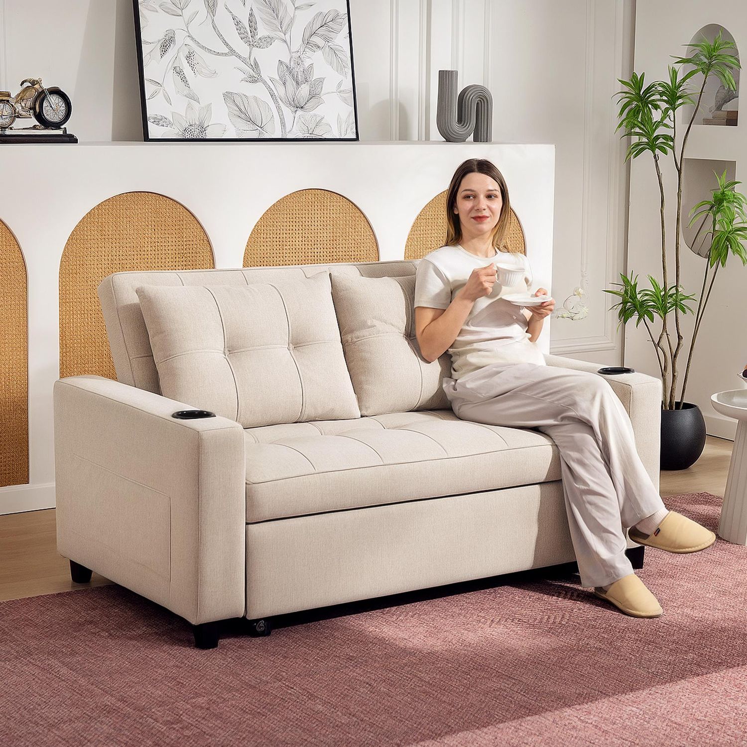 HOMCOM 2 Seater Pull Out Sofa Bed with Pockets for Living Room Beige