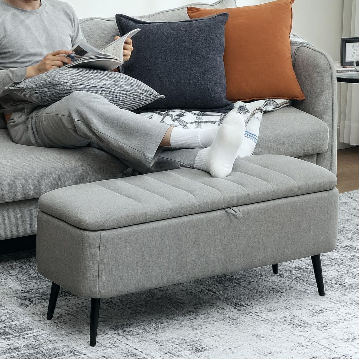 HOMCOM Storage Ottoman Bench, Linen-feel Footstool with Steel Legs - Grey