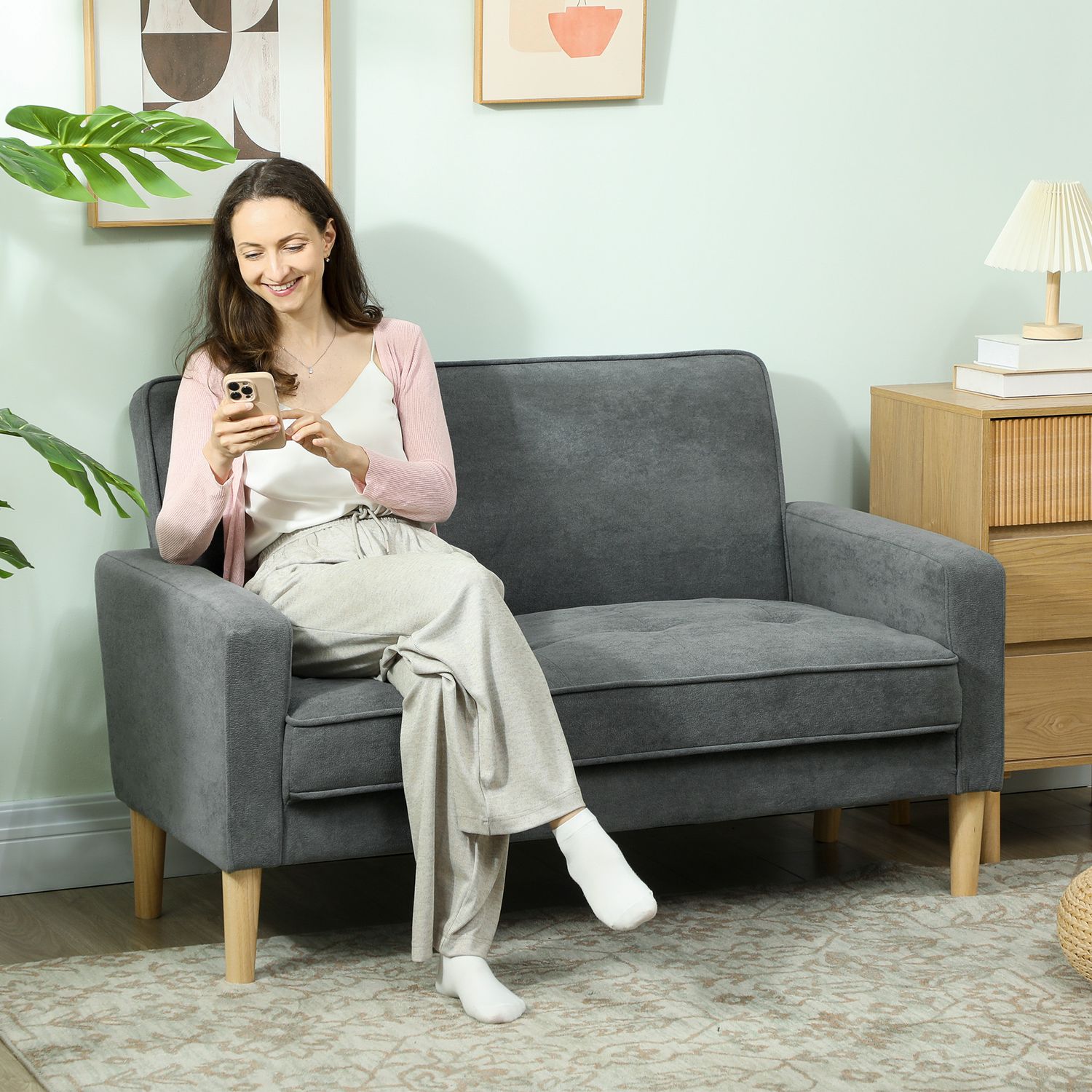 HOMCOM 2 Seater Sofa, Velvet-Feel Upholstered Loveseat for Small Space - Grey