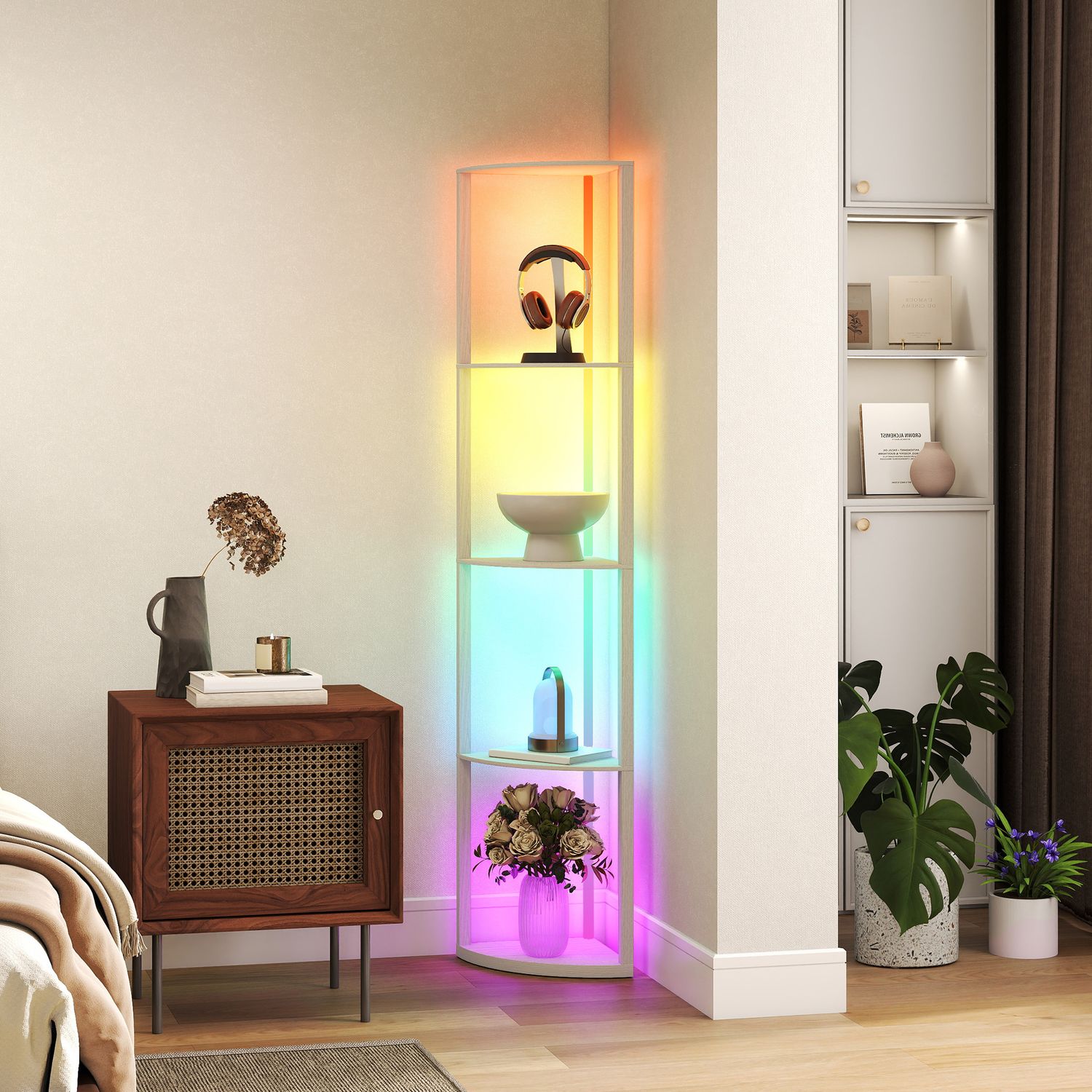 HOMCOM RGB LED Floor Lamp with Shelves and Remote Control for Living Room - B31-