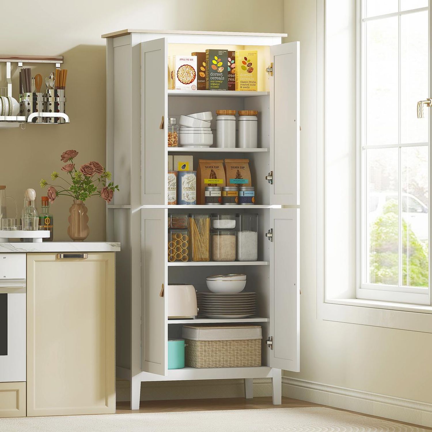 HOMCOM 176.5 cm Tall Freestanding Pantry Storage Cabinet with 4 Doors White