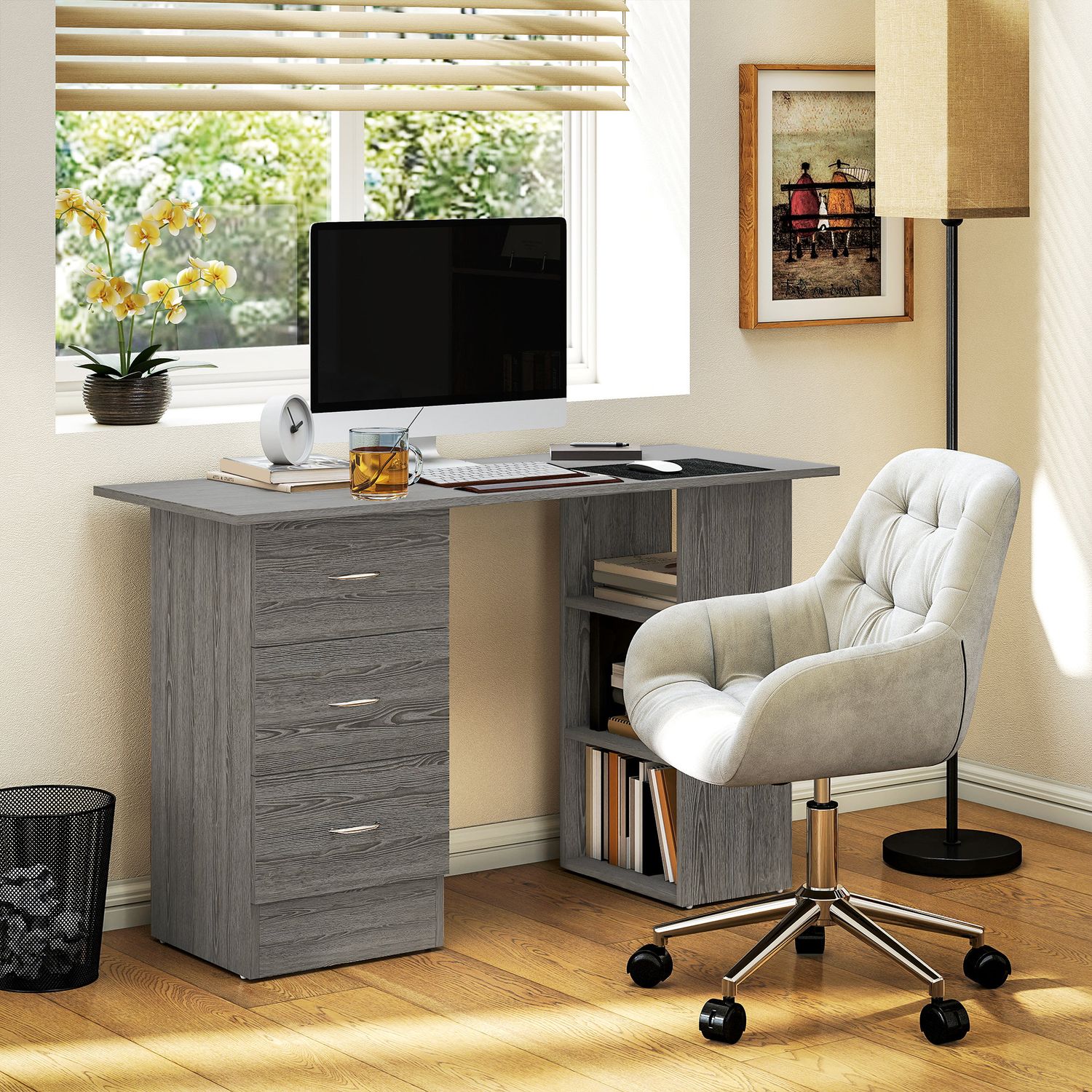 HOMCOM 120cm Computer Desk, Study Table with 3 Shelf & Drawers - Grey