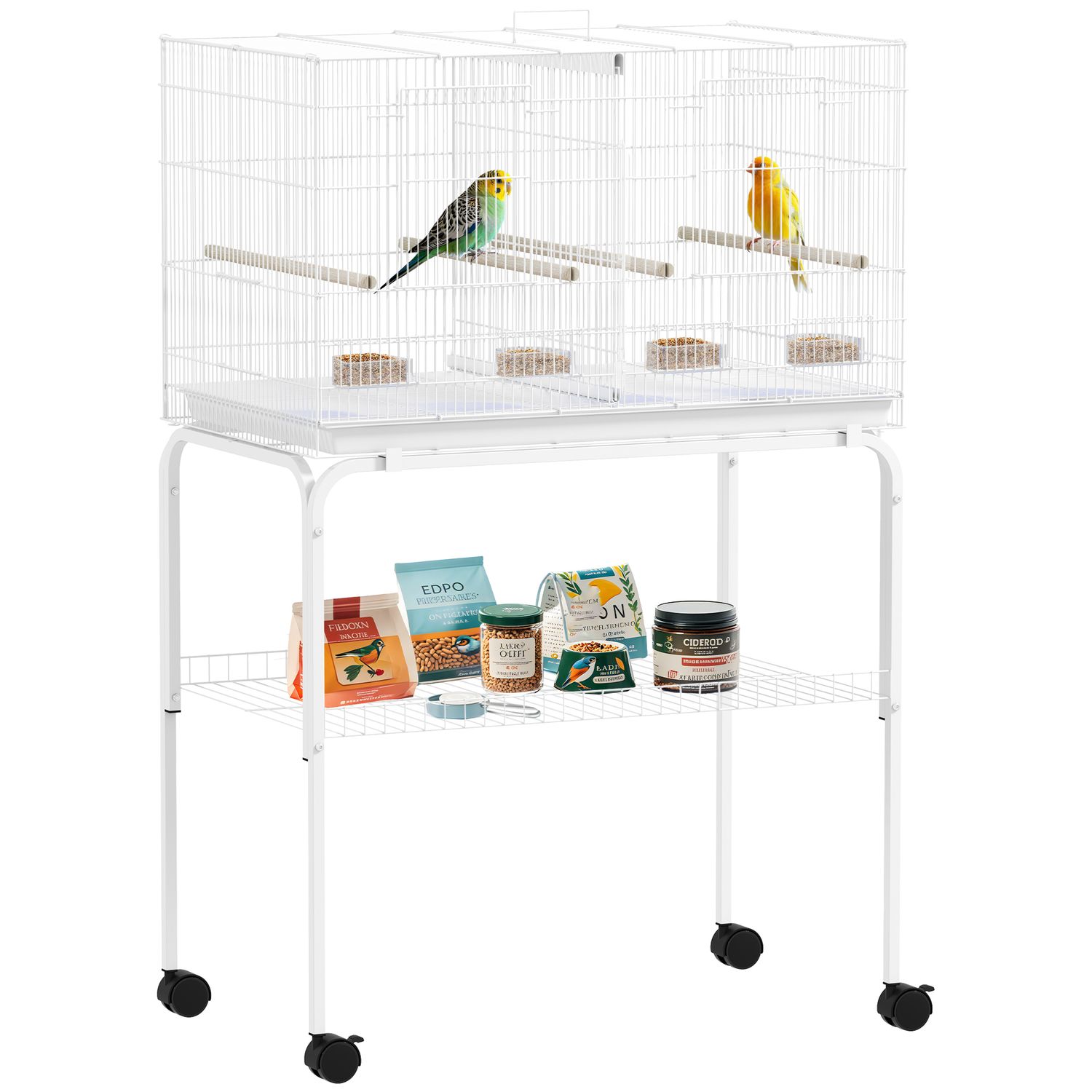 PawHut Bird Cage with Divider, 4 Wooden Perches, Slide Out Tray - White - D10-10