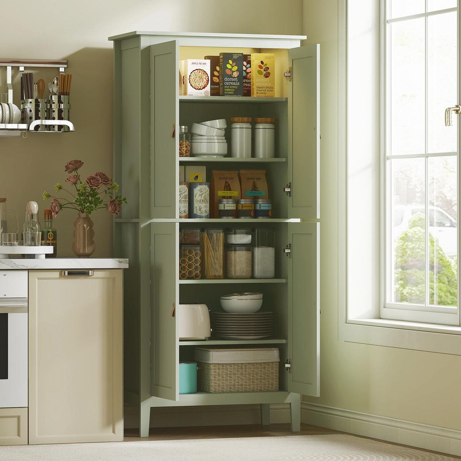 HOMCOM 176.5 cm Tall Freestanding Pantry Storage Cabinet with 4 Doors Green