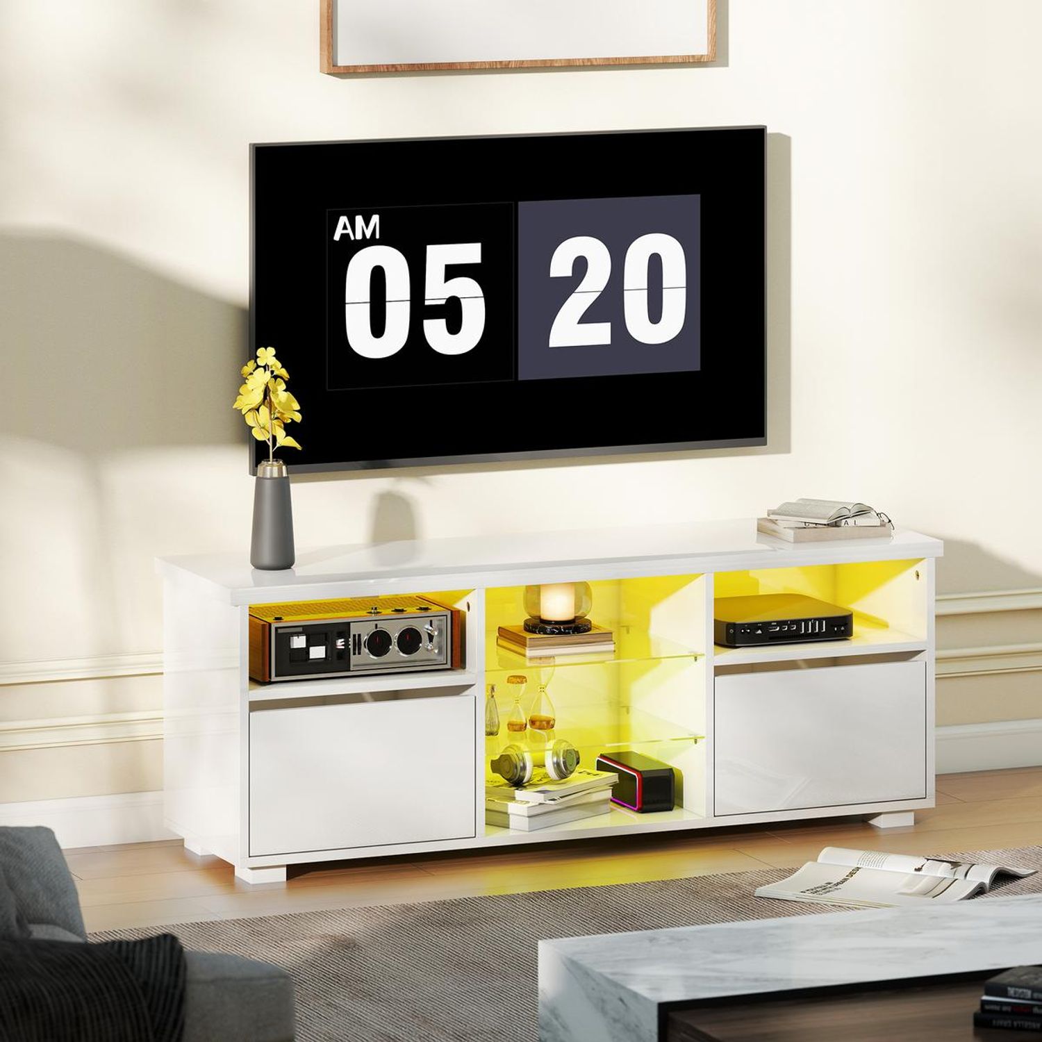 HOMCOM High Gloss TV Stand Cabinet with LED Lights for Living Room - White