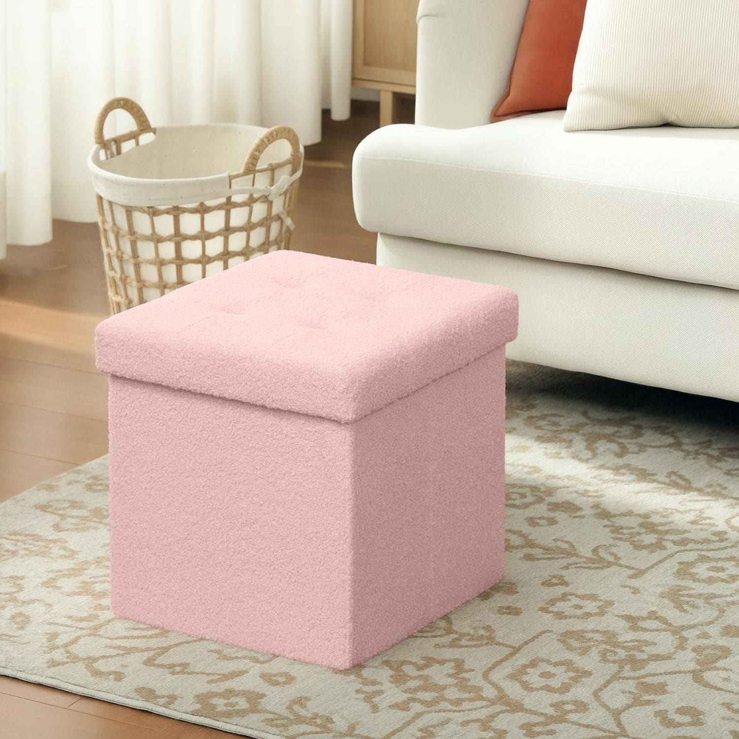 HOMCOM Foldable Sherpa Fleece Storage Ottoman, 38 x 38 x 38 cm - Pink