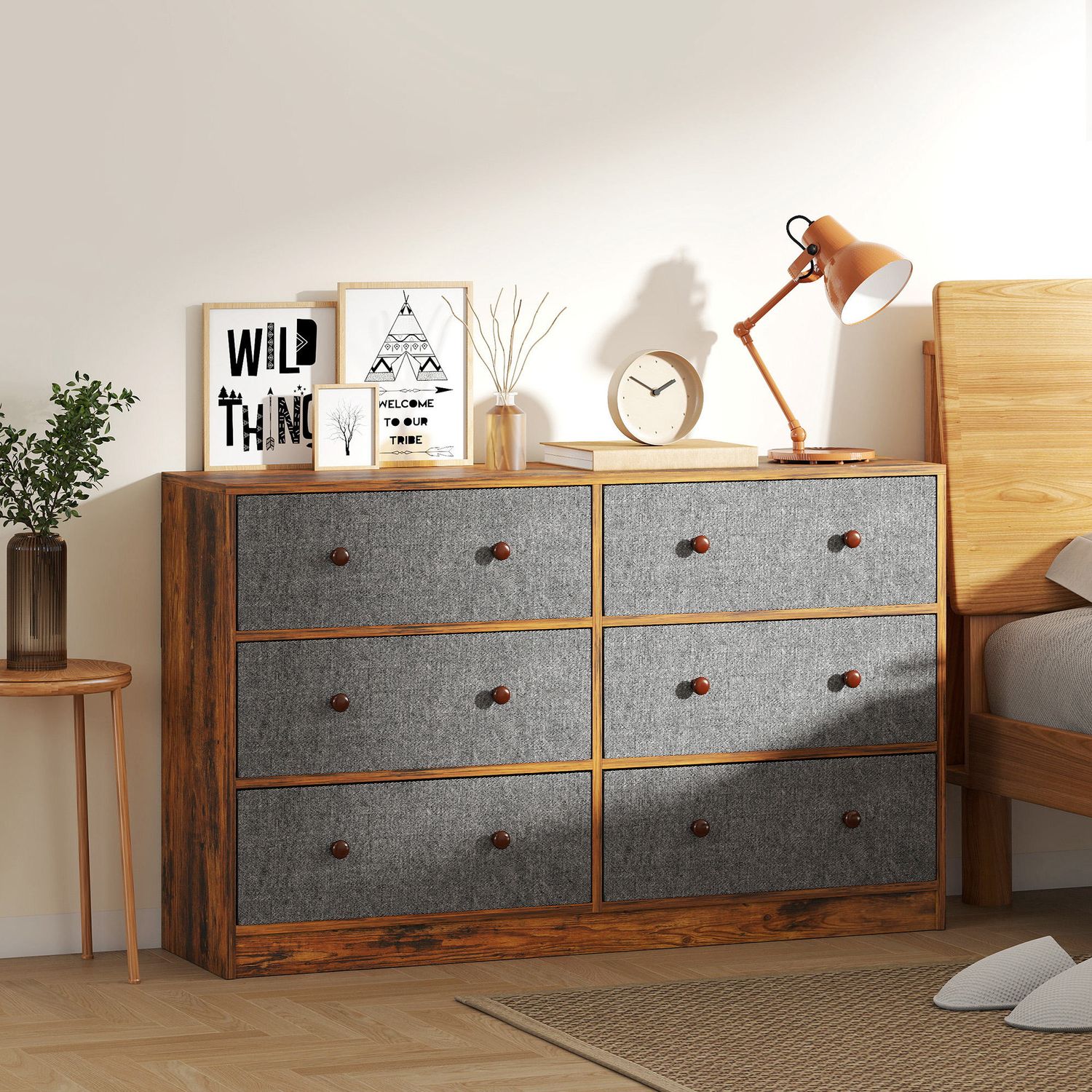 HOMCOM Chest of Drawers, 6 Drawer Dresser for Bedroom - Grey and Rustic Brown