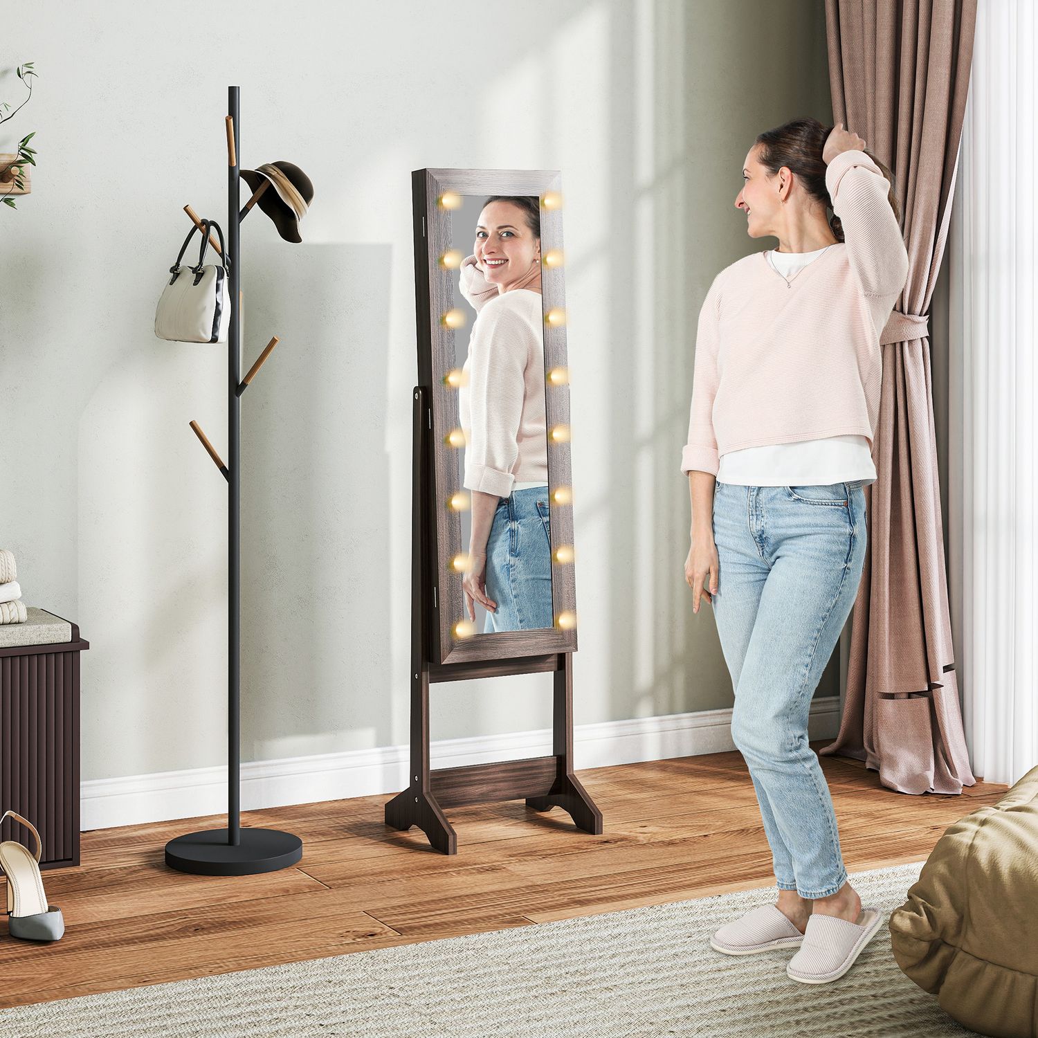 HOMCOM Freestanding LED Mirrored Jewelry Cabinet Dark Brown