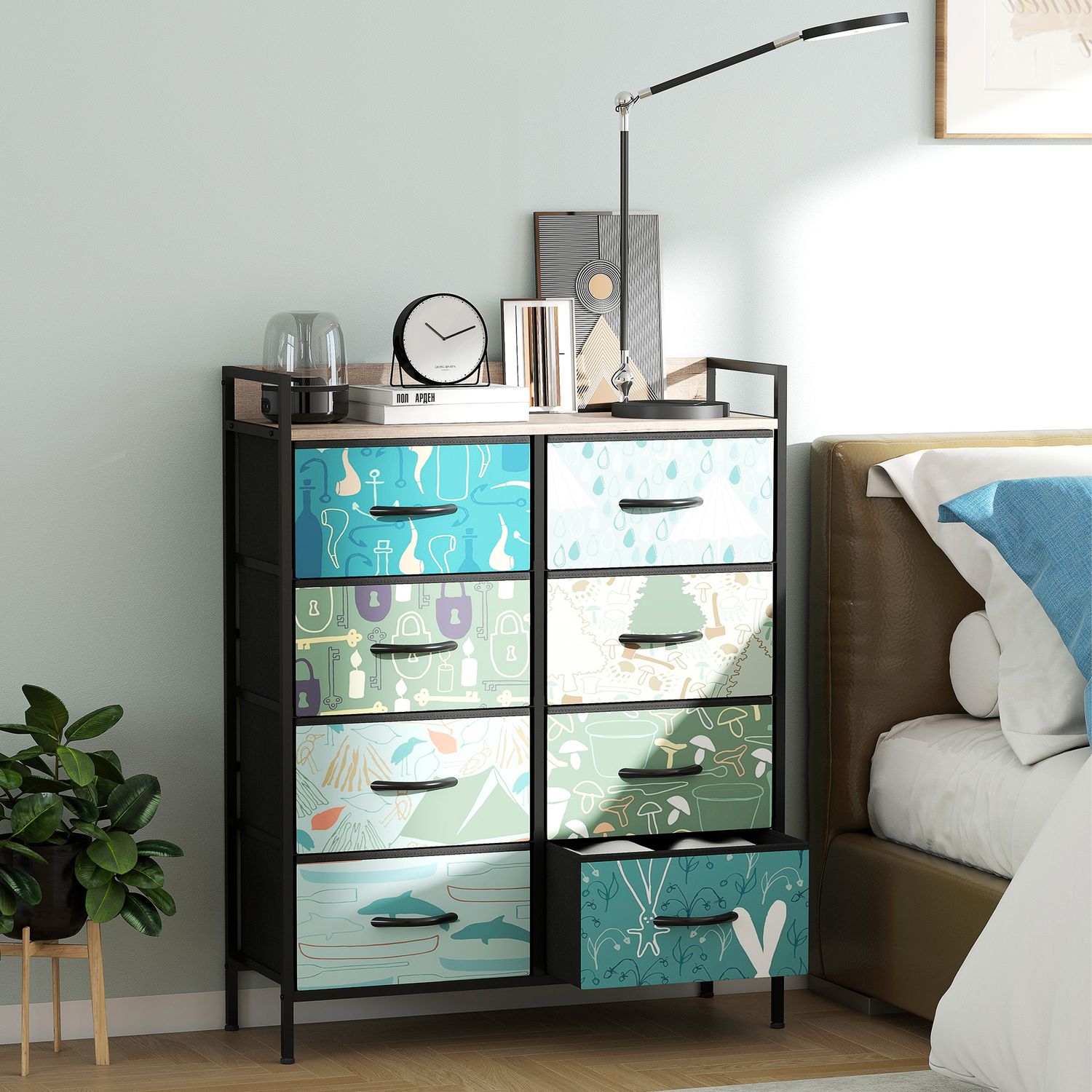 HOMCOM 8-Drawer Chest of Drawers, Fabric Dresser with Open Shelf - Blue