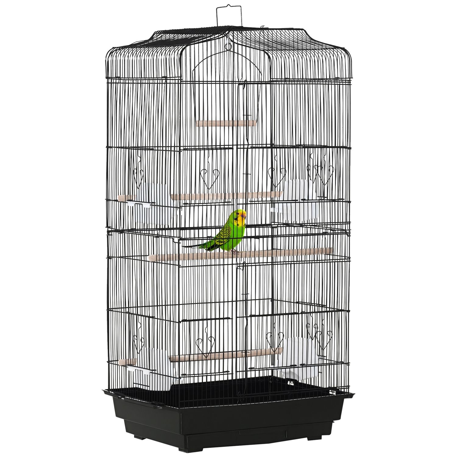 PawHut 92cm Large Bird Cage with Stand, Perches, Food Bowls, Swing - Black