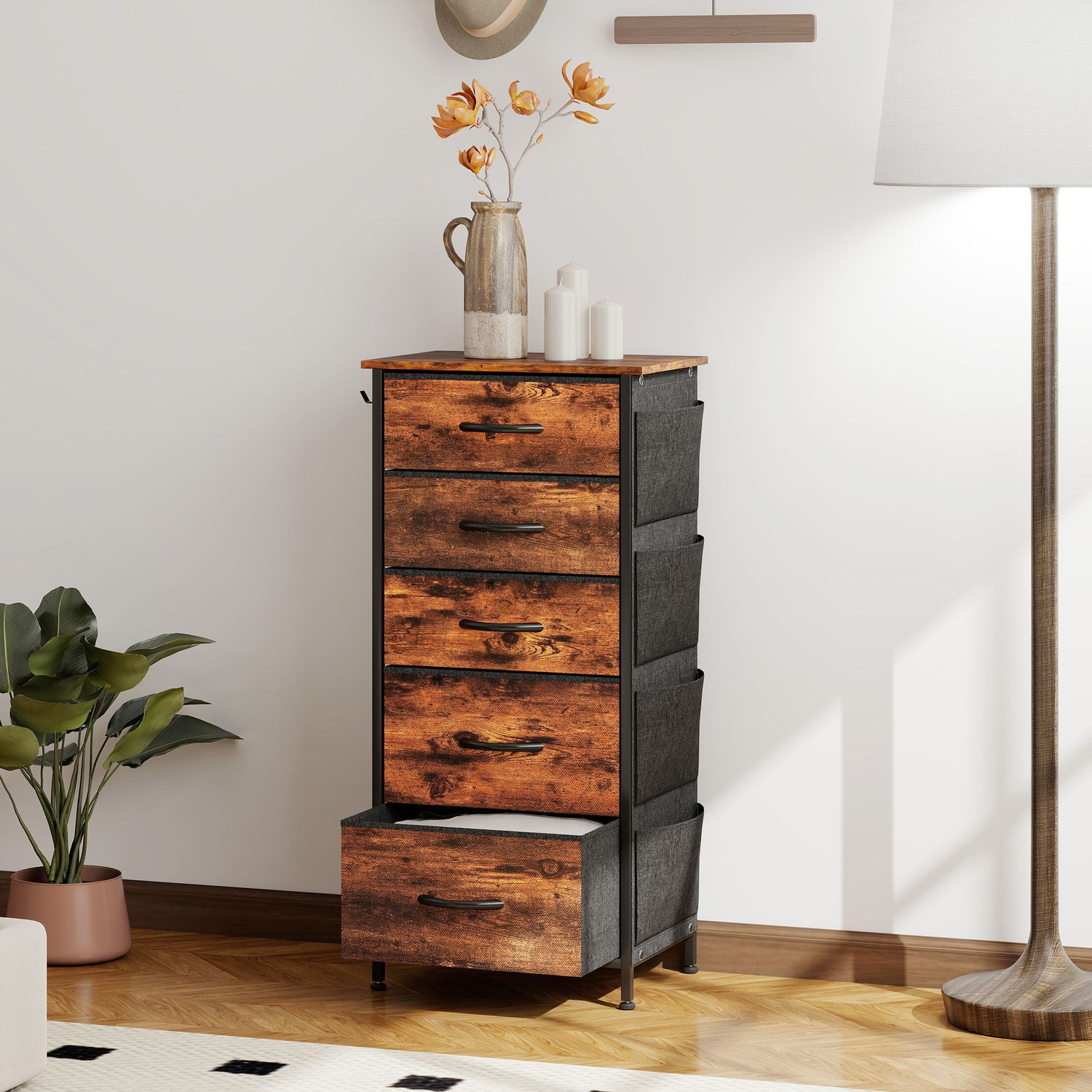 HOMCOM Fabric Chest of Drawers, 5 Drawer Dresser for Bedroom - Rustic Brown