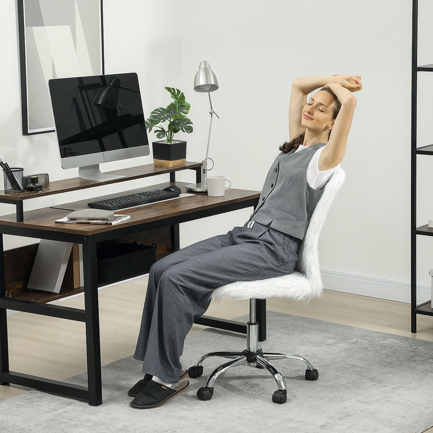 HOMCOM Armless Makeup Vanity Chair, 360 Degree Swivel Computer Chair - White