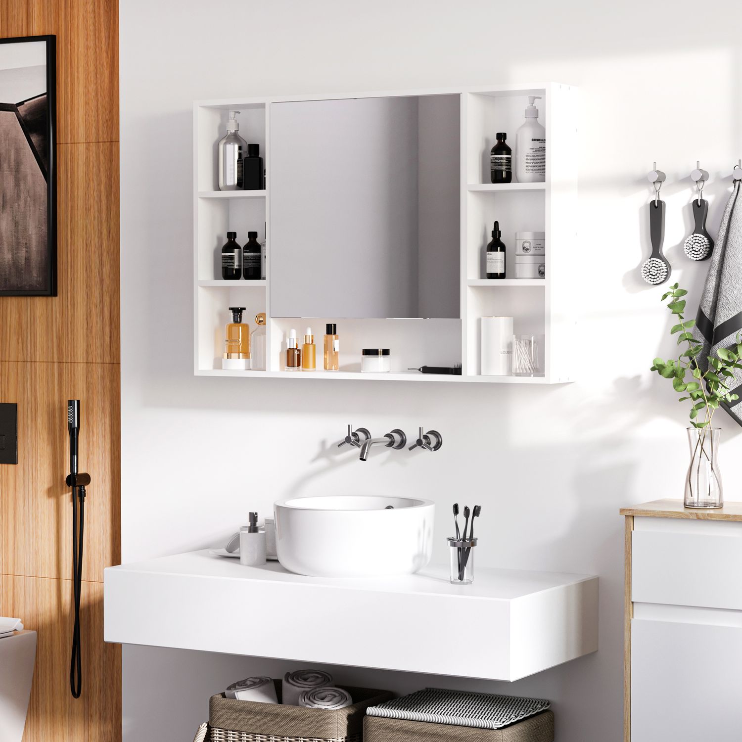 kleankin Bathroom Cabinet Wall Mount Storage Organiser Mirror Shelves White
