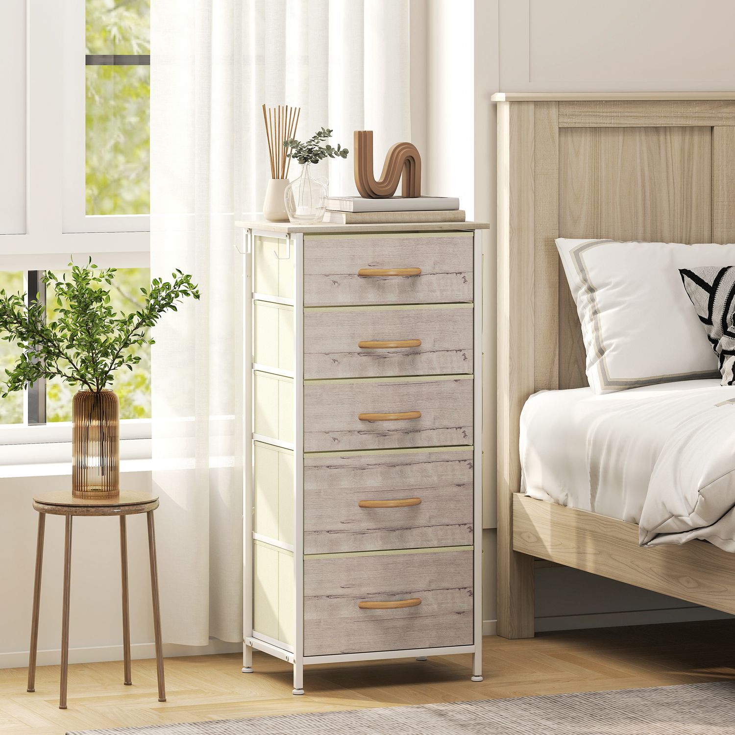 HOMCOM Fabric Chest of Drawers, 5 Drawer Dresser for Bedroom - Natural Wood