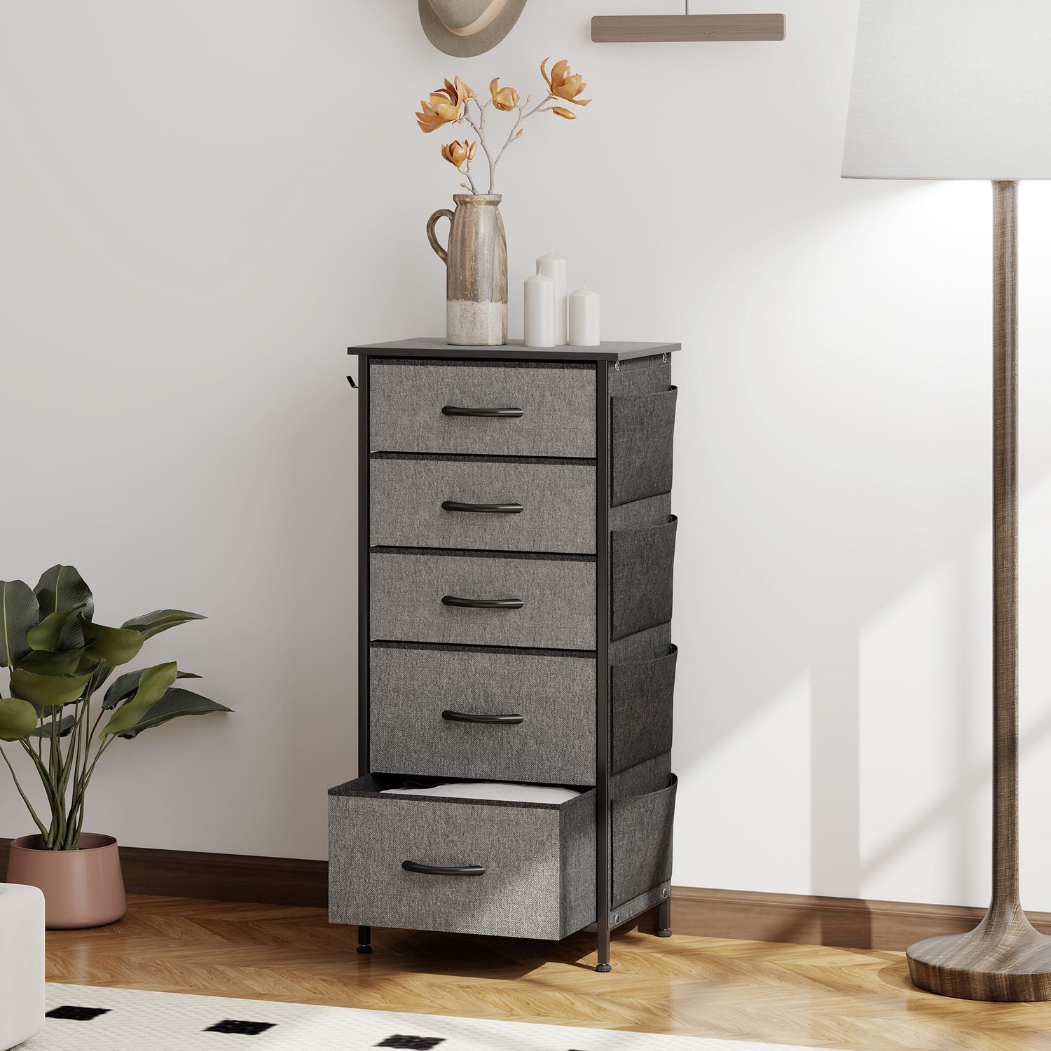 HOMCOM Fabric Chest of Drawers, 5 Drawer Dresser for Bedroom - Charcoal Grey