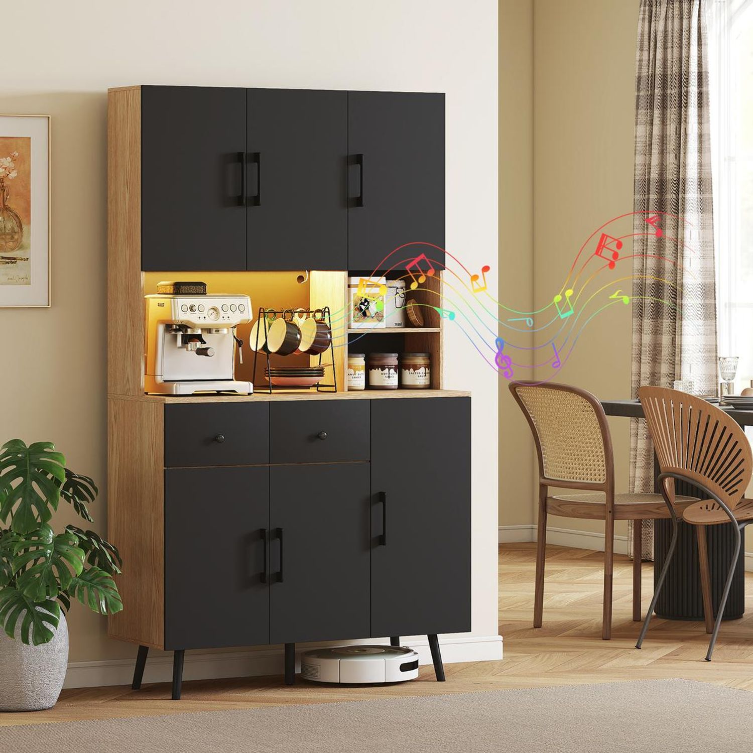 HOMCOM Tall Kitchen Cupboard with LED Lights and Adjustable Shelves - Oak