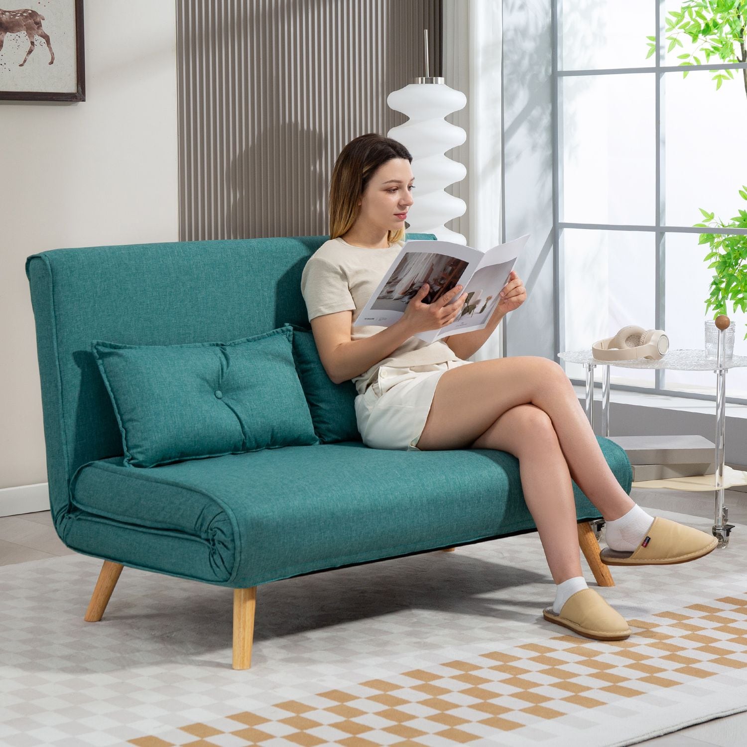HOMCOM Click Clack Sofa Bed, 2 Seater Bed Settee for Living Room - Green