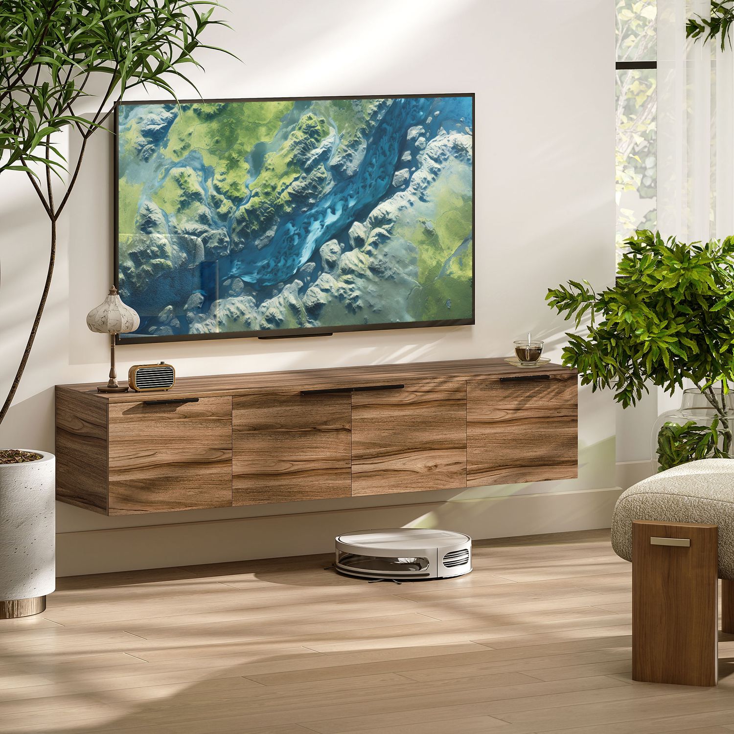 HOMCOM Floating TV Stand Cabinet with Shelves and Doors - Rustic Brown