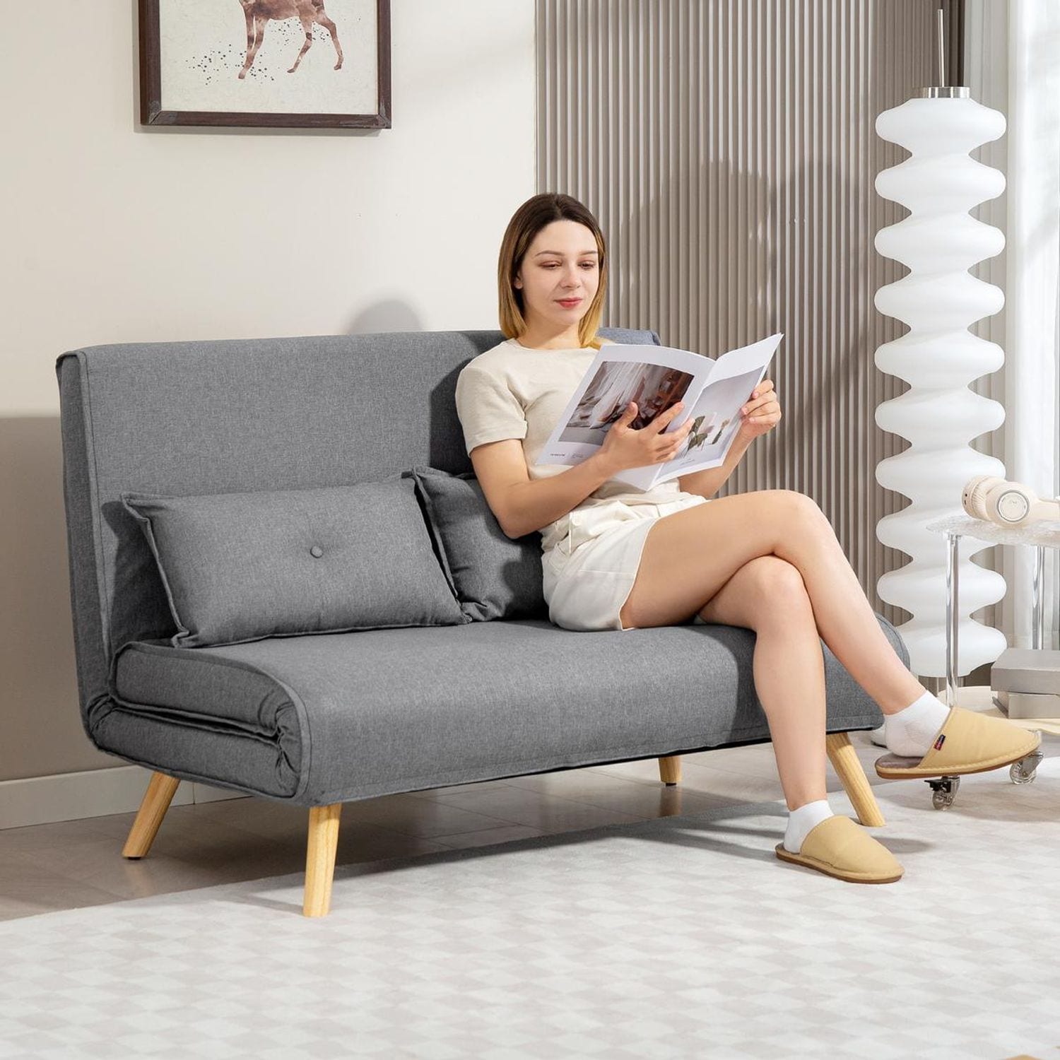 HOMCOM Click Clack Sofa Bed, 2-Seater Bed Settee for Living Room - Grey