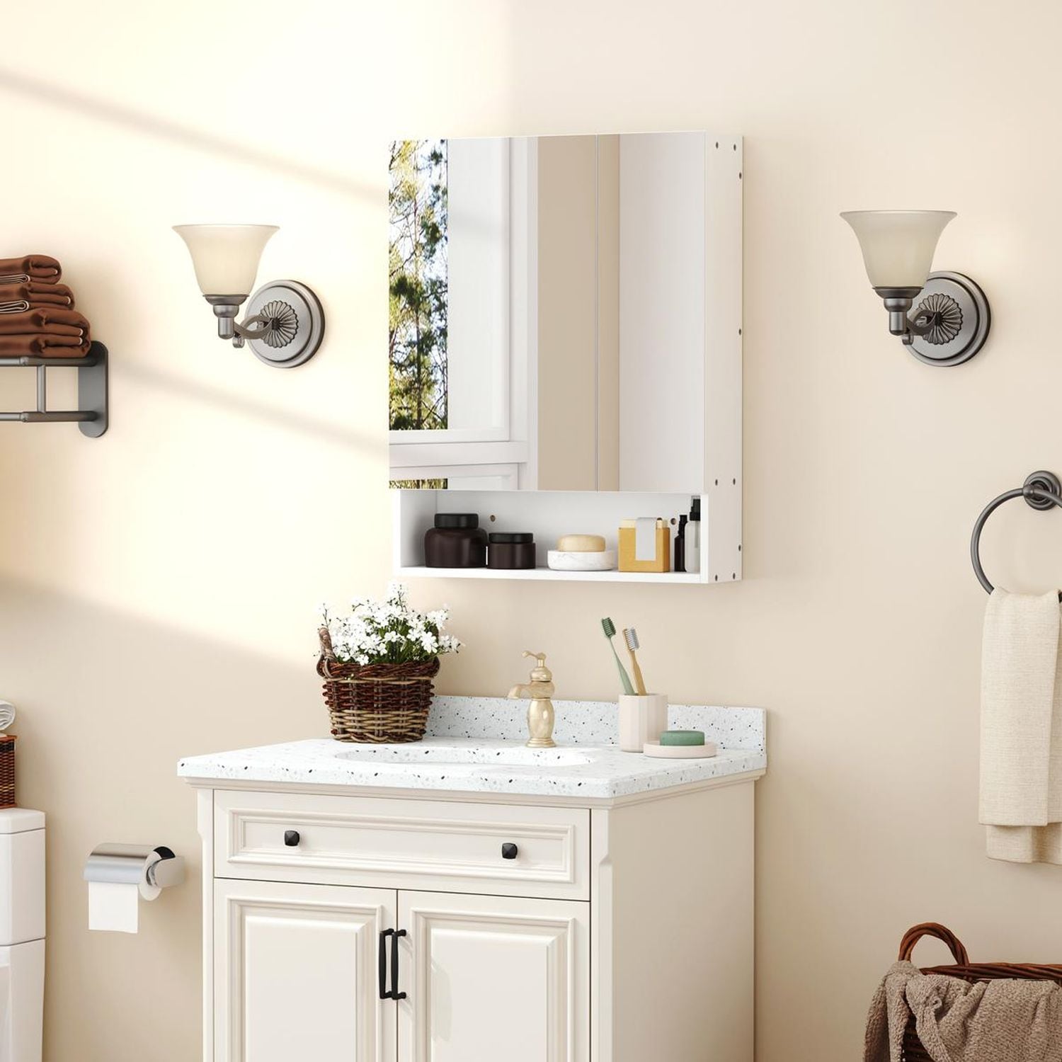 kleankin Wall Mount Medicine Cabinet with Mirror and Adjustable Shelf - White