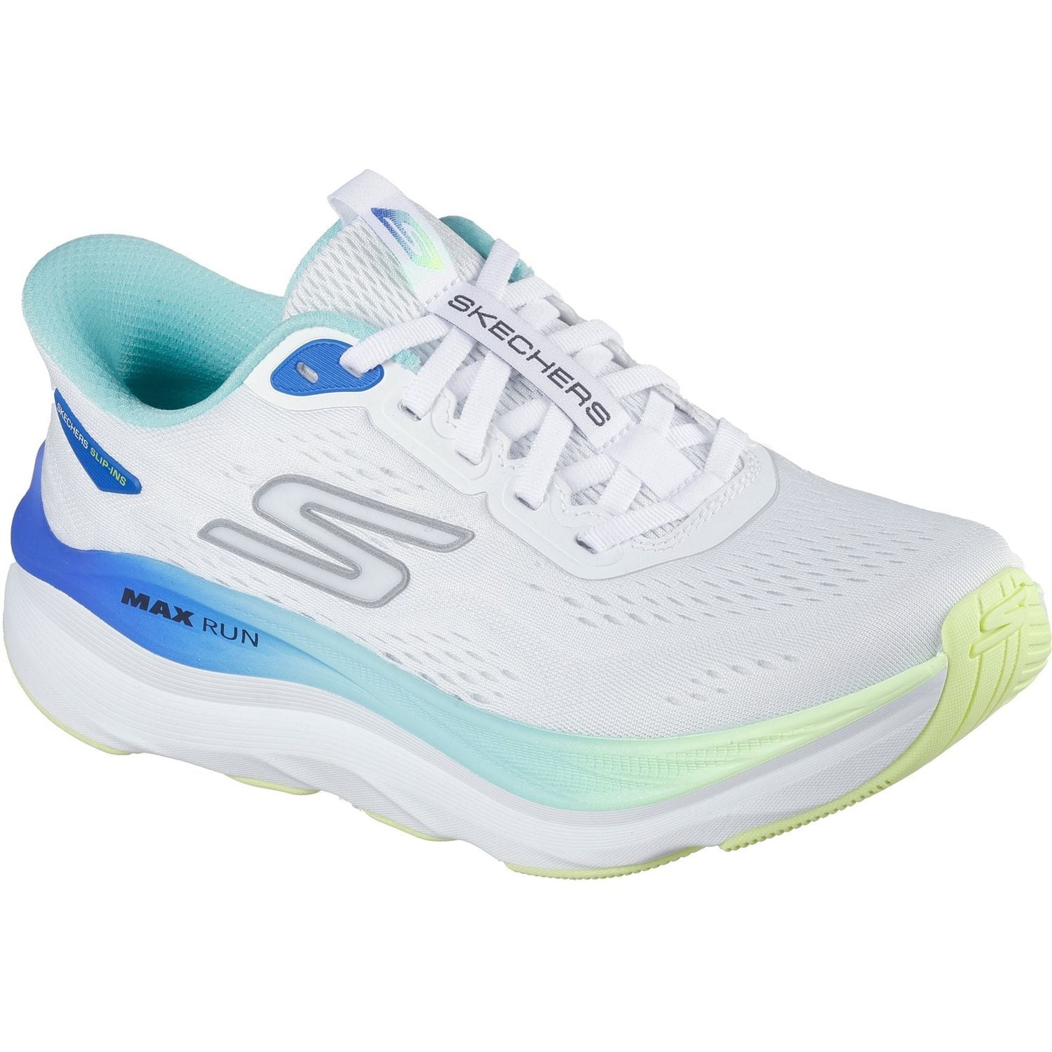 Skechers Max Cushioning MaxRun White/Multi Trainer Shoes for Female - Size 4