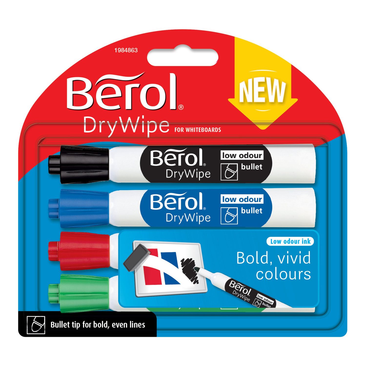 Berol Dry Wipe Whiteboard Pens Bullet Tip Black Blue Red & Green Pack of 4