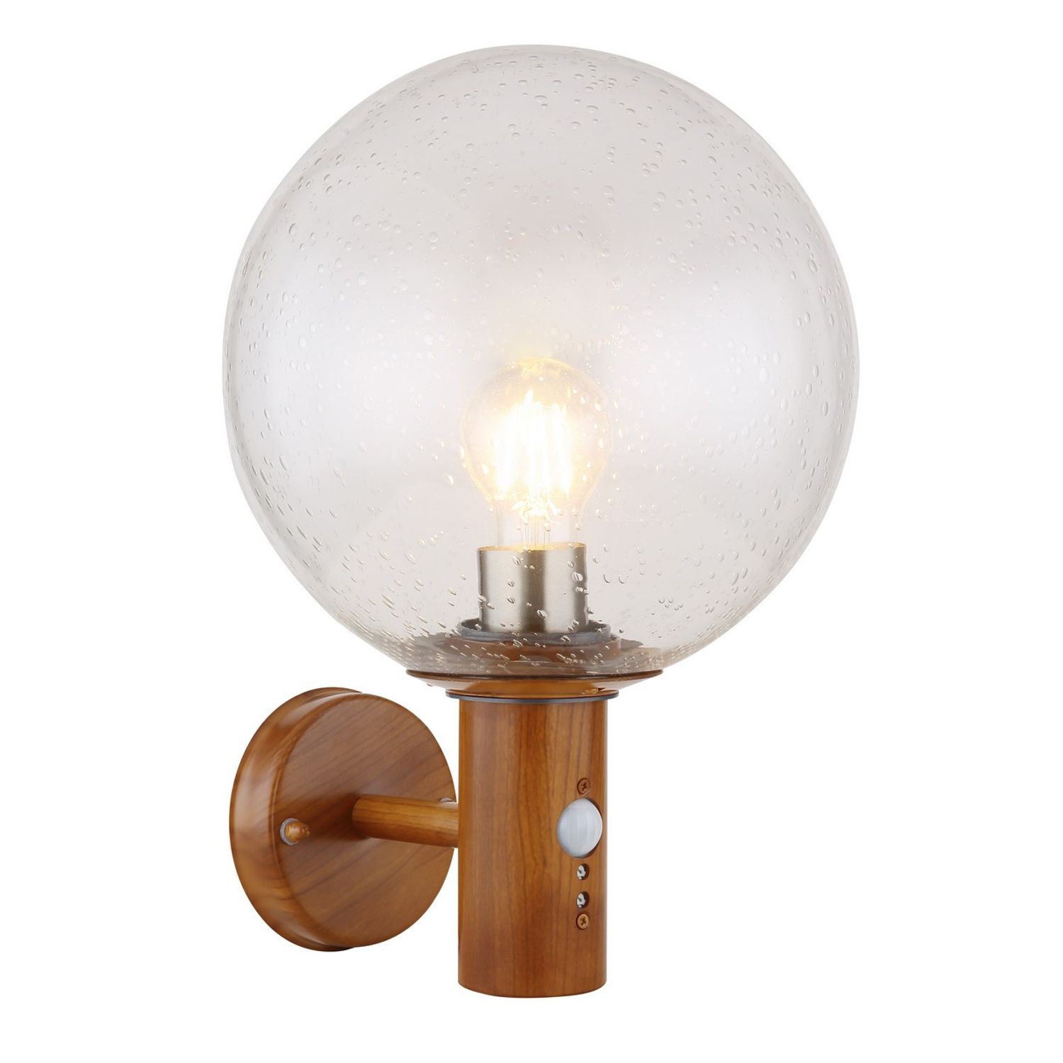 Globo Lighting Ossy PIR Globe Wall Lights Wood Look IP44 Clear with -Air Bubbles