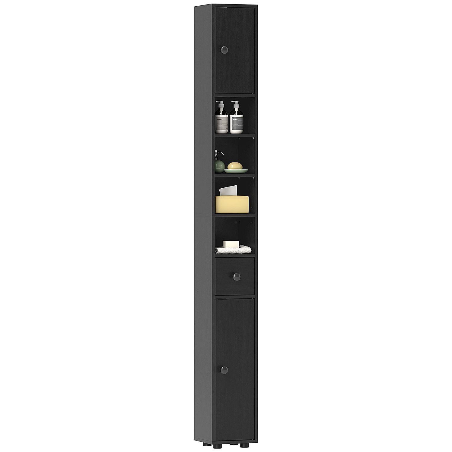 kleankin Slim Bathroom Cabinet Toilet Roll -Storage with/Open Shelves -Black 20c