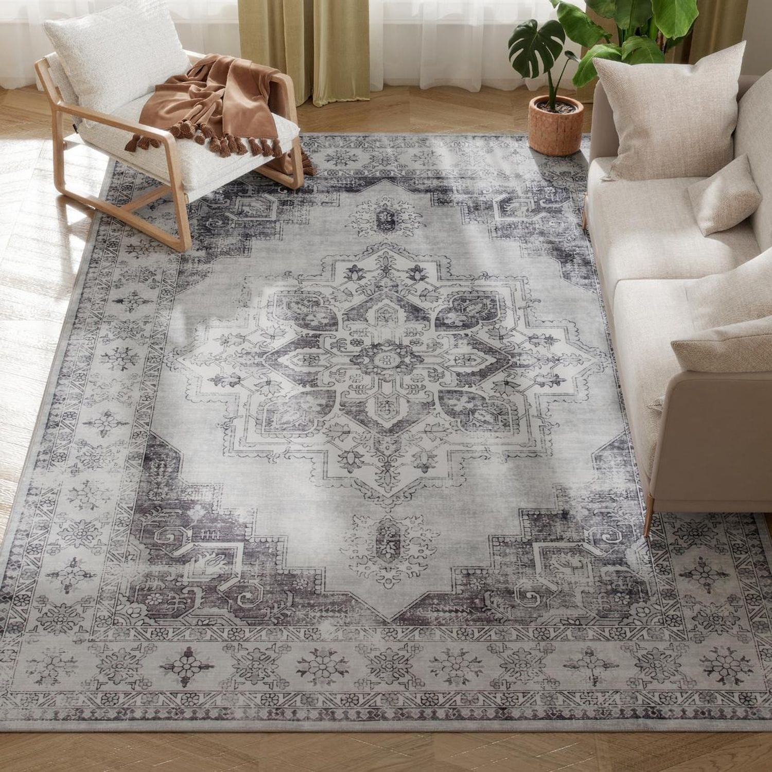 HOMCOM Flannel Non-Slip Washable Rug for Living Room 290 x 200 cm -Grey 290W x 2