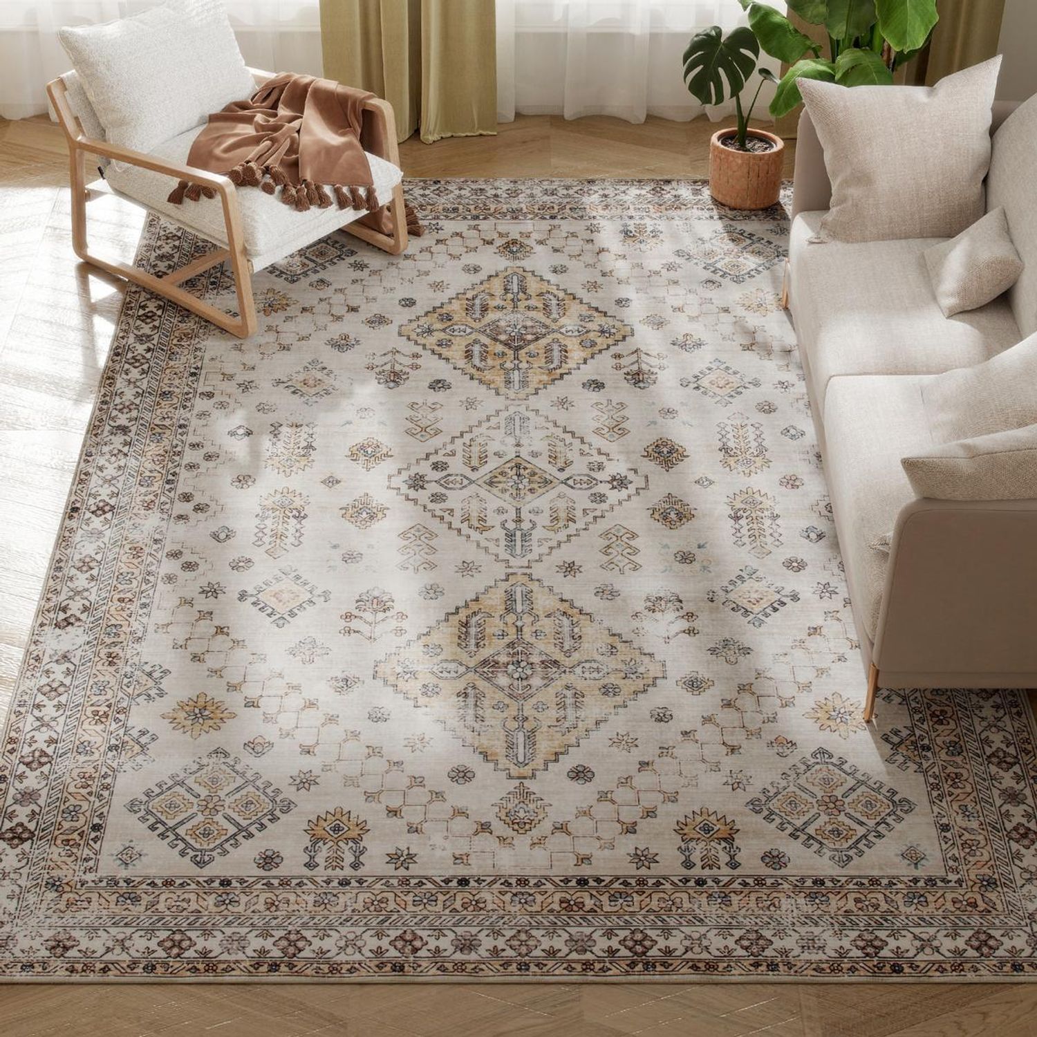 HOMCOM Flannel Non-Slip Washable Rug for Living Room 290 x 200 cm Beige 290W x 2
